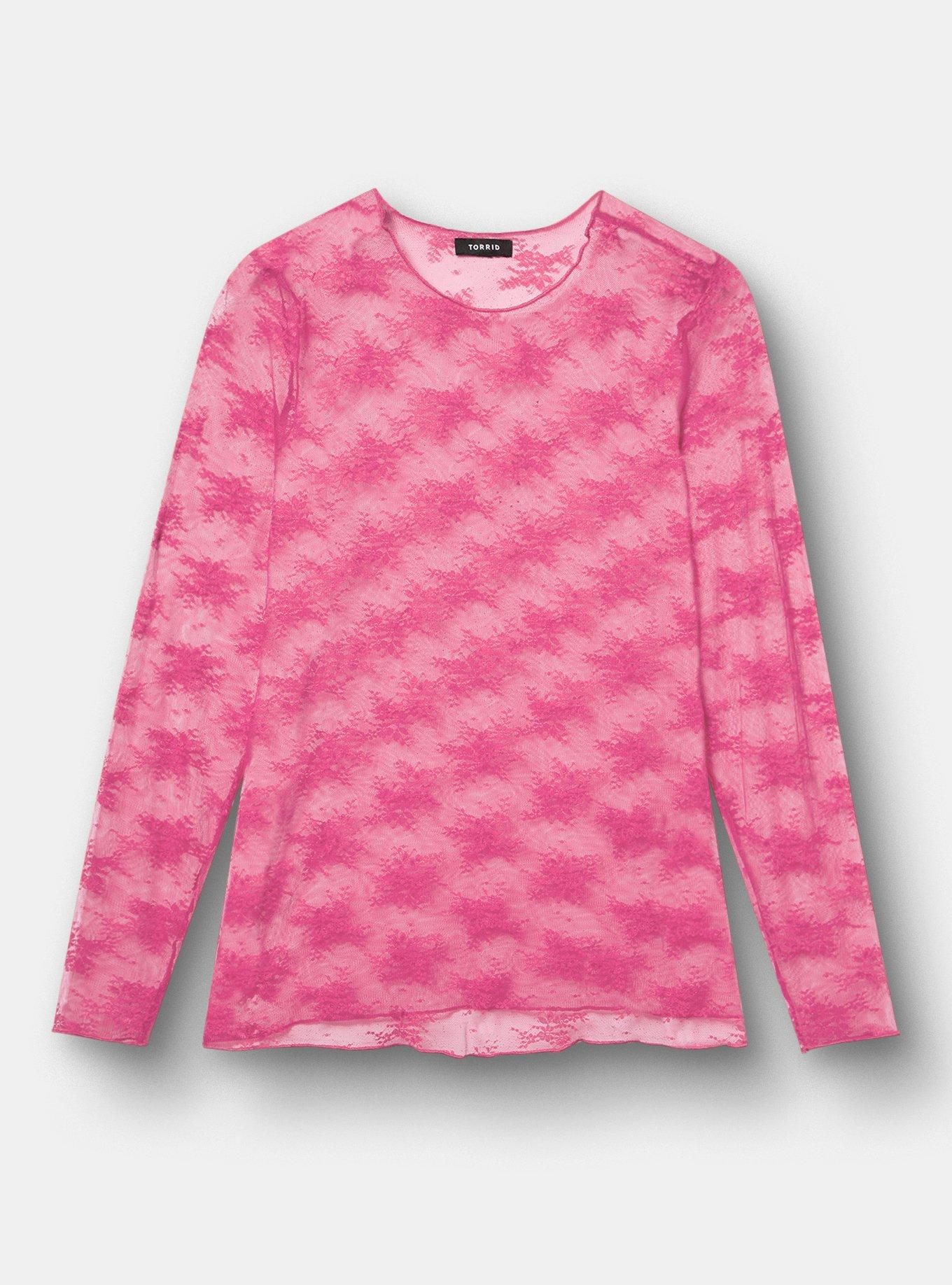 Plus Size Sheer Lace Crew Neck Long Sleeve Top, FRUIT DOVE, hi-res