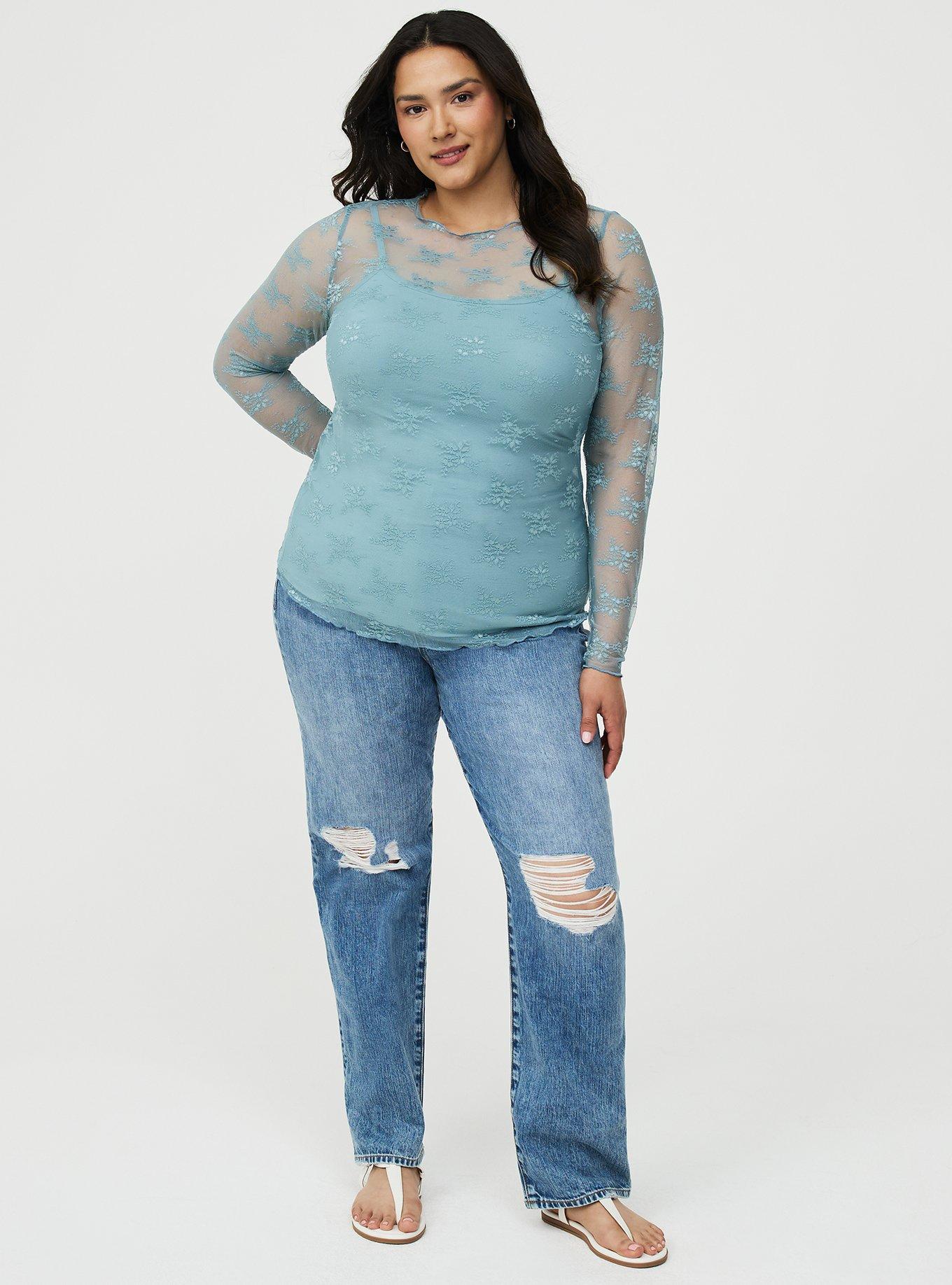 Sheer Lace Long Sleeve Crew Top, STONE BLUE, alternate