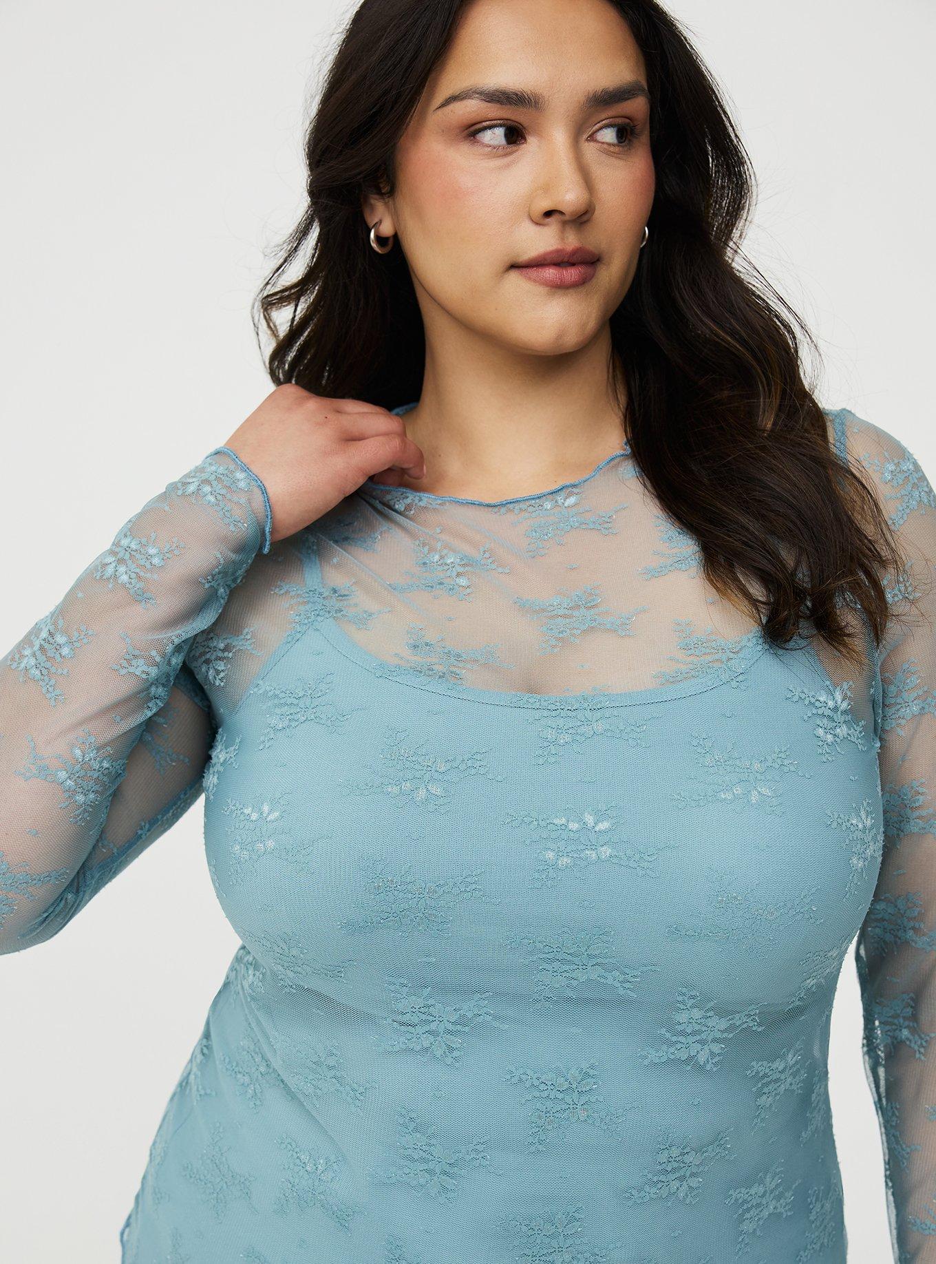 Sheer Lace Long Sleeve Crew Top, STONE BLUE, alternate