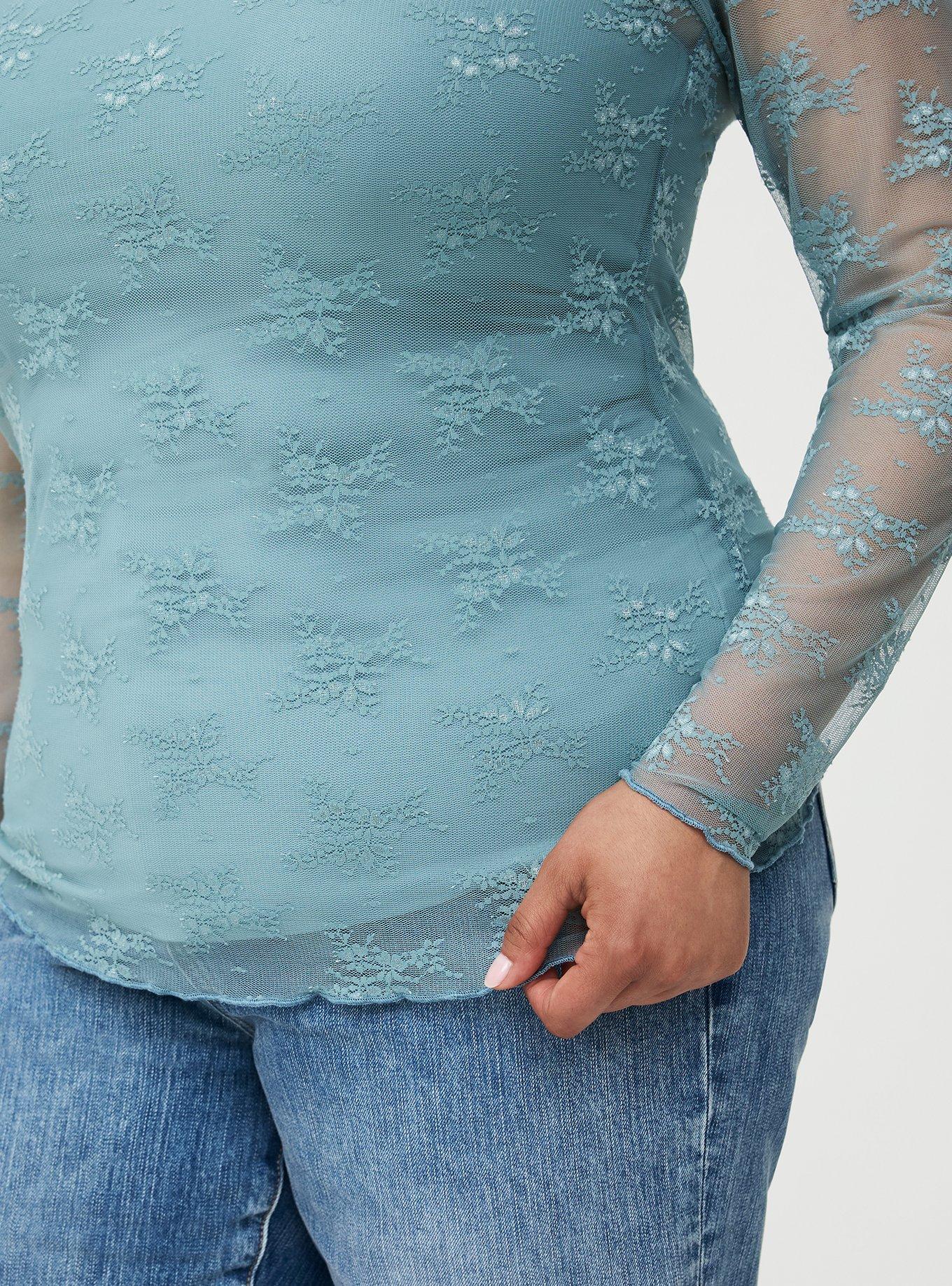 Sheer Lace Long Sleeve Crew Top, STONE BLUE, alternate