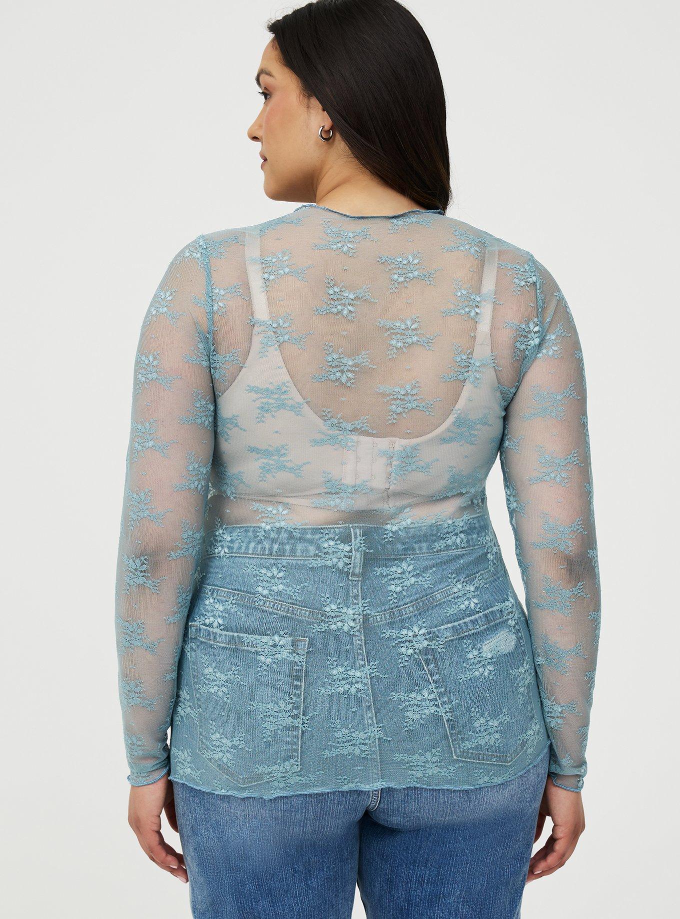Sheer Lace Long Sleeve Crew Top, STONE BLUE, alternate