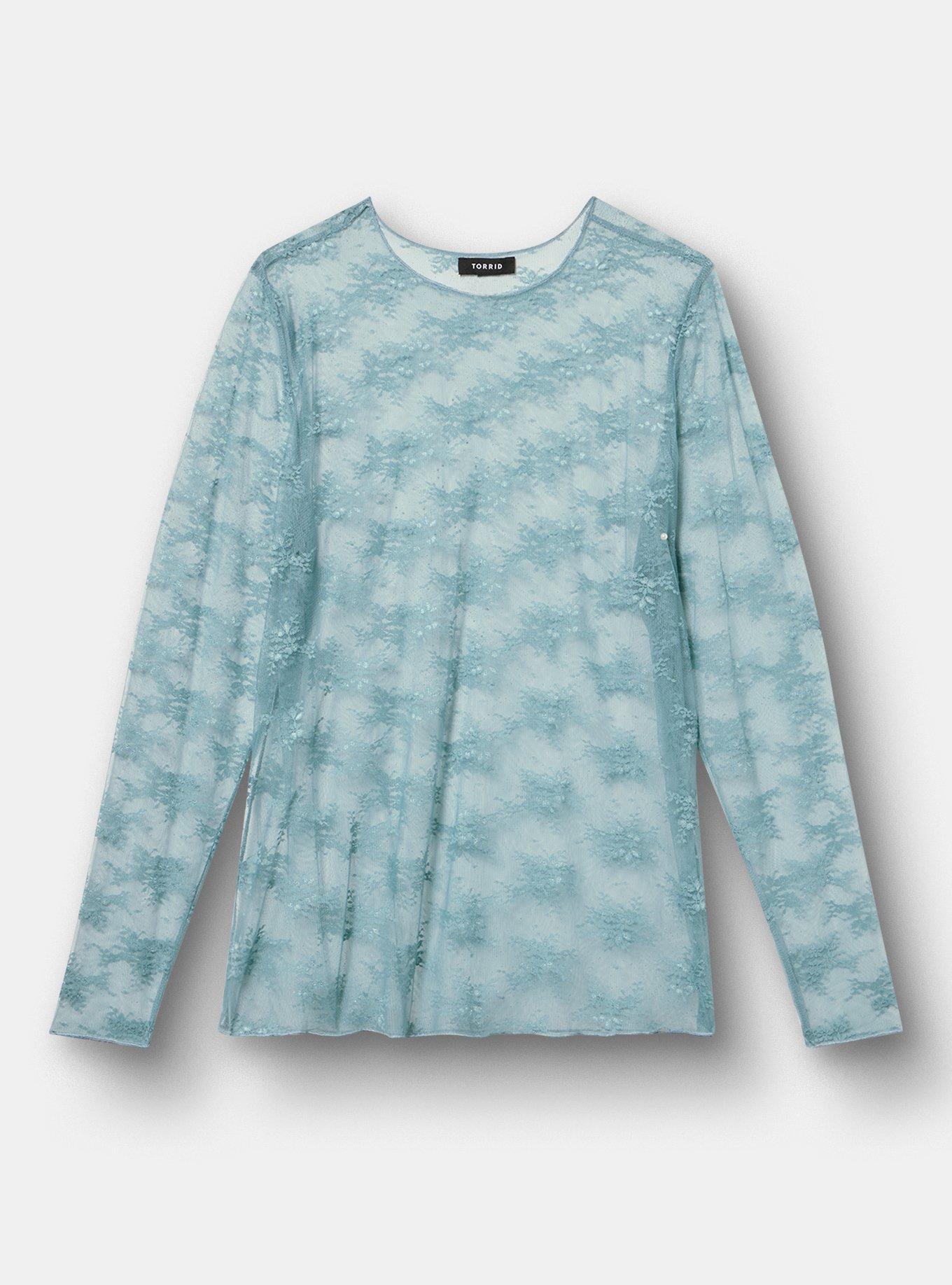 Sheer Lace Long Sleeve Crew Top, STONE BLUE, hi-res
