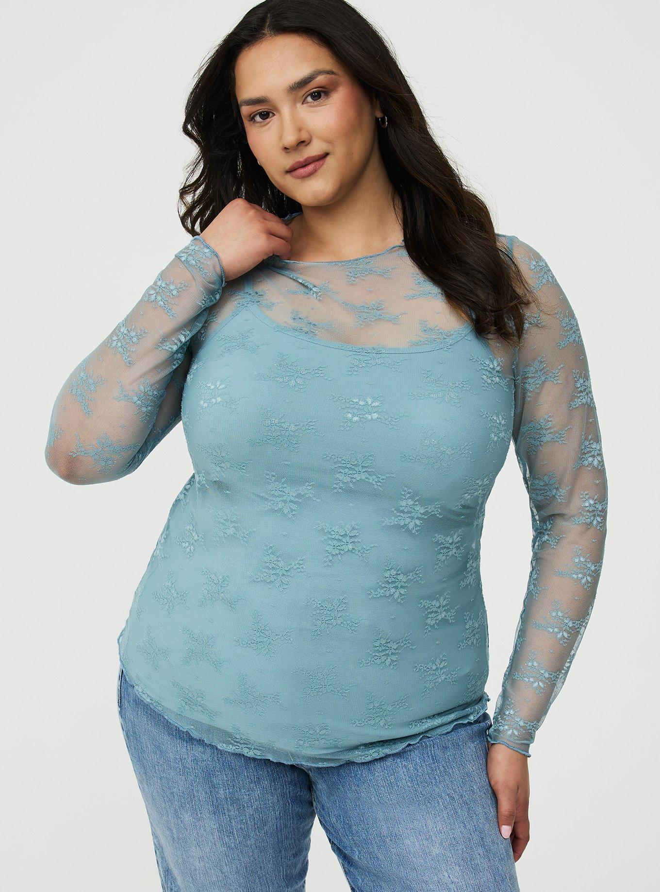 Sheer Lace Long Sleeve Crew Top, STONE BLUE, hi-res