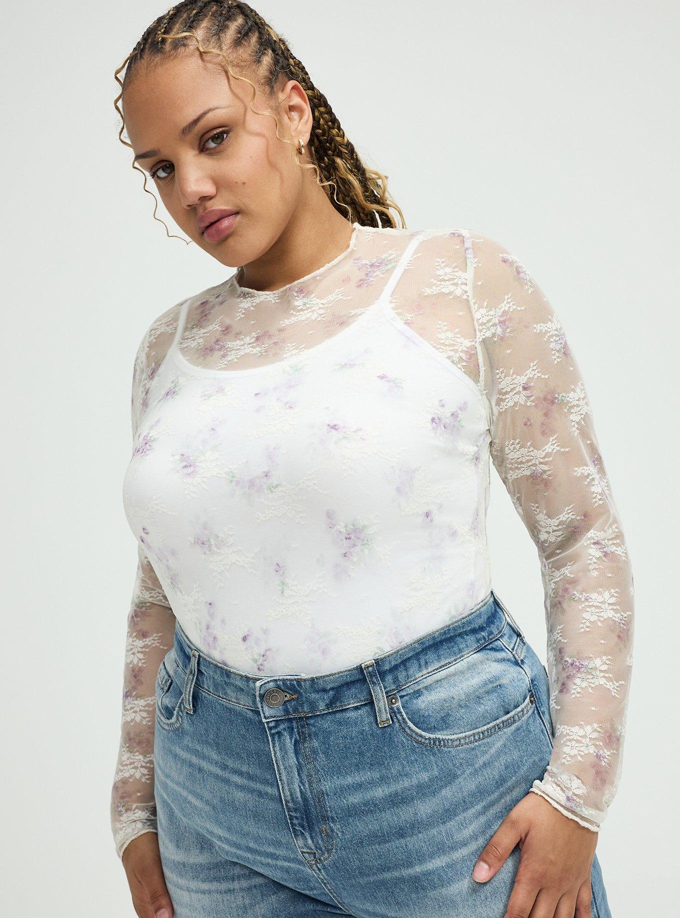 Plus Size - Sheer Lace Crew Neck Long Sleeve Top - Torrid