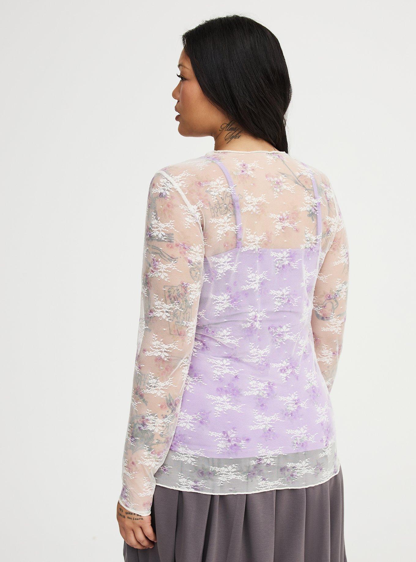 Sheer Lace Long Sleeve Crew Top, CHLOE ROSES PURPLE, alternate