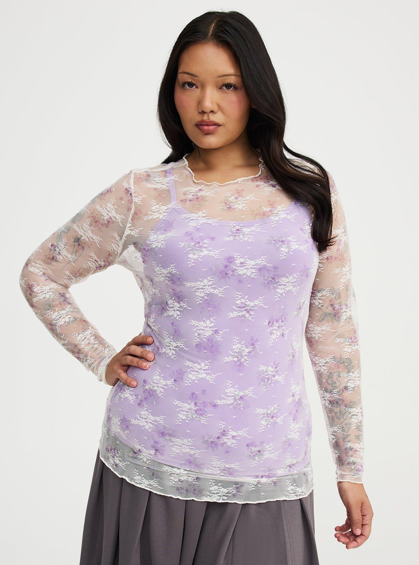 Sheer Lace Long Sleeve Crew Top, CHLOE ROSES PURPLE, hi-res
