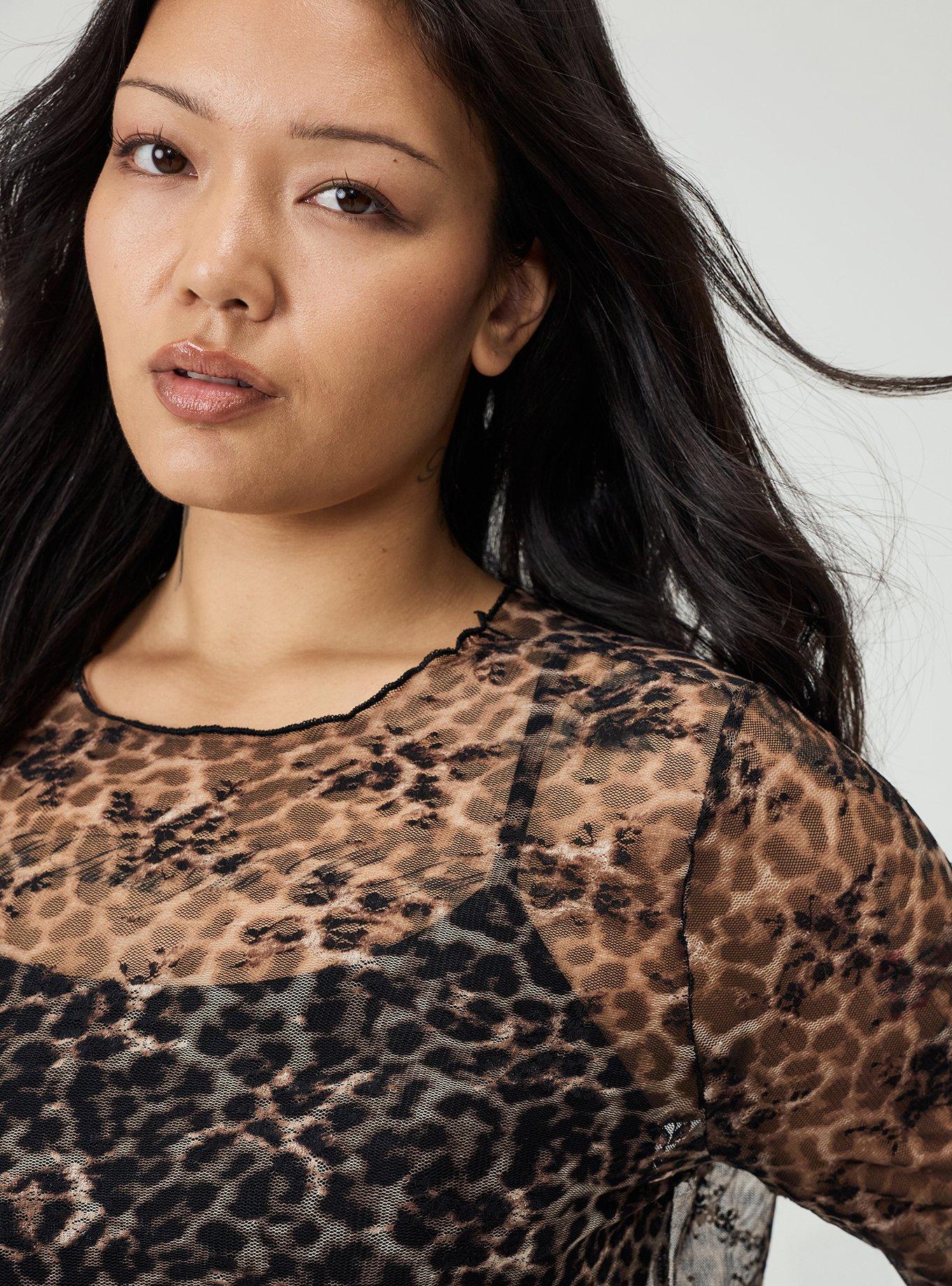 Plus Size Sheer Lace Long Sleeve Crew Top, ON THE PROWL LEOPARD BROWN, alternate