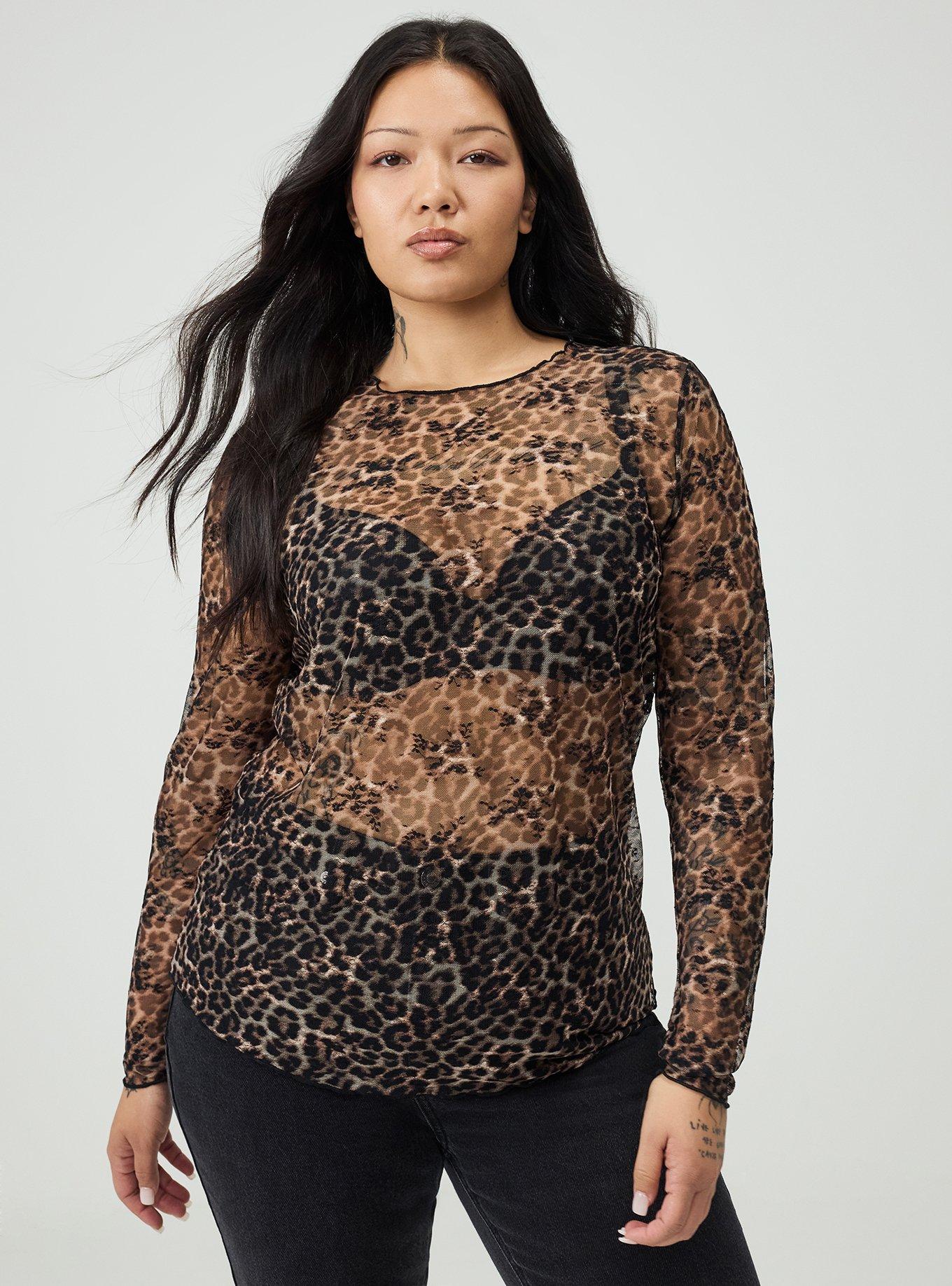 Plus Size Sheer Lace Long Sleeve Crew Top, ON THE PROWL LEOPARD BROWN, alternate