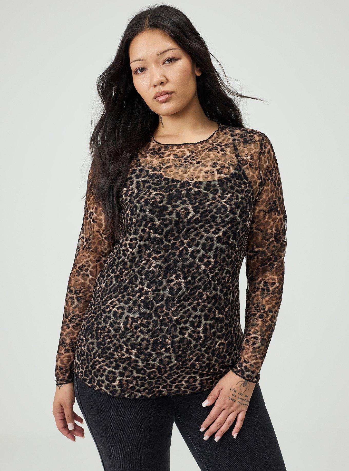 Plus Size Sheer Lace Long Sleeve Crew Top, ON THE PROWL LEOPARD BROWN, hi-res