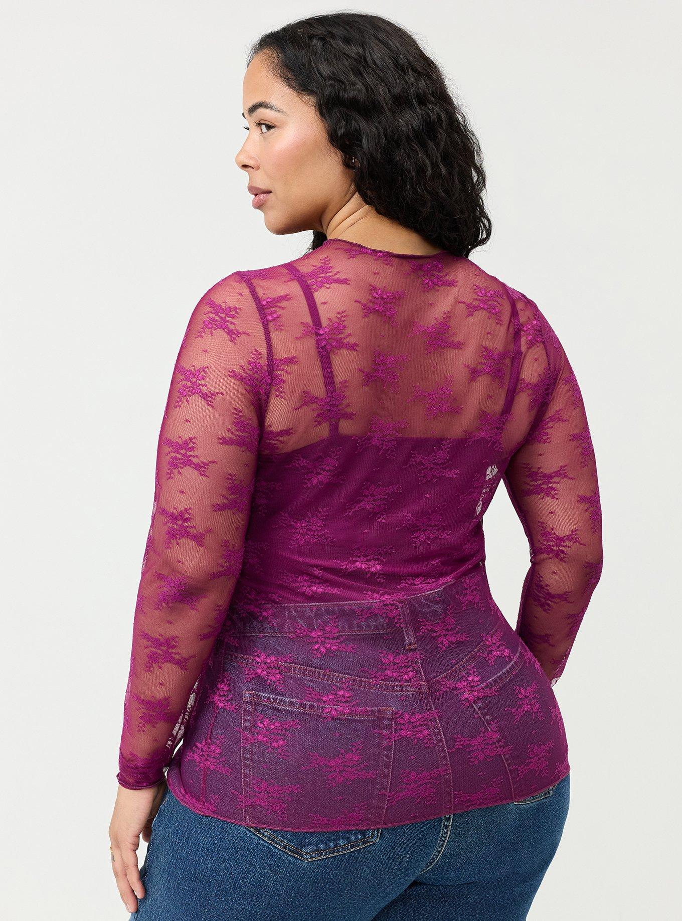 Sheer Lace Long Sleeve Crew Top, PURPLE POTION, alternate