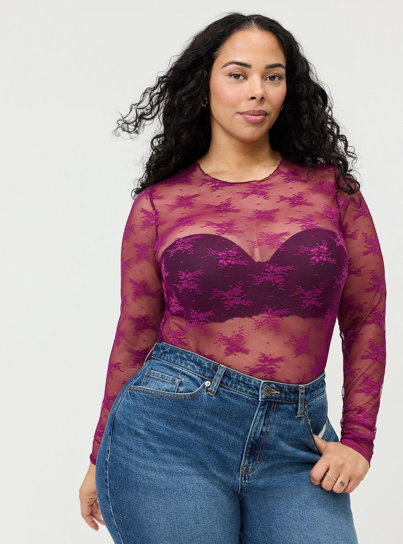 Sheer Lace Long Sleeve Crew Top, PURPLE POTION, alternate