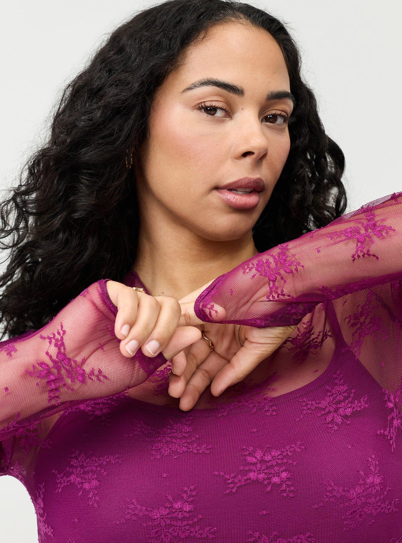 Sheer Lace Long Sleeve Crew Top, PURPLE POTION, alternate