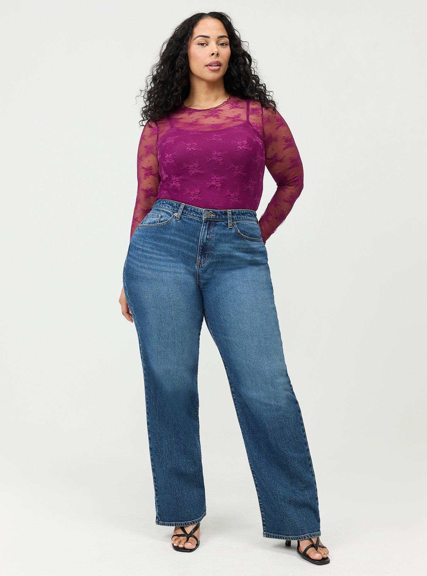 Sheer Lace Long Sleeve Crew Top, PURPLE POTION, alternate