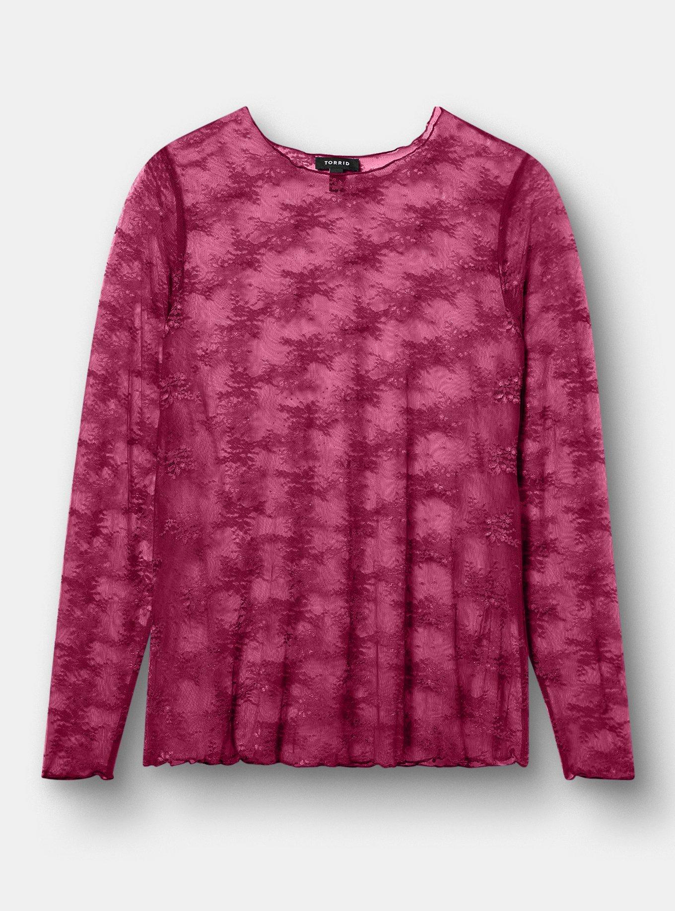 Sheer Lace Long Sleeve Crew Top, PURPLE POTION, hi-res