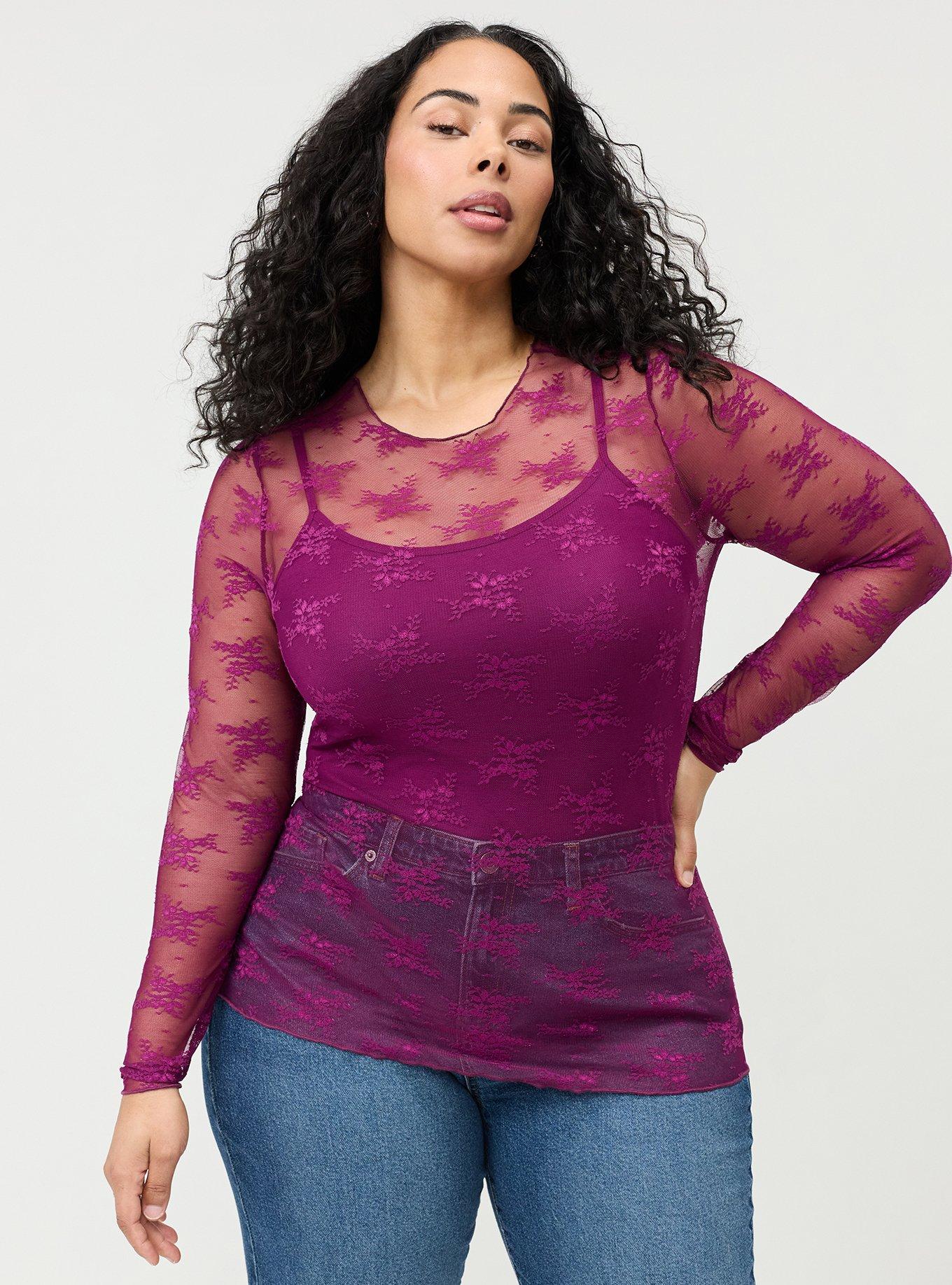 Sheer Lace Long Sleeve Crew Top, PURPLE POTION, hi-res
