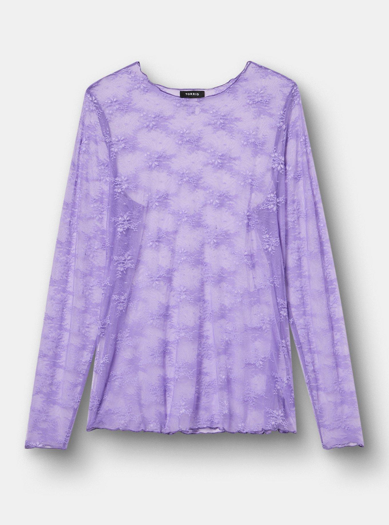 Sheer Lace Crew Long Sleeve Top, PAISLEY PURPLE, hi-res