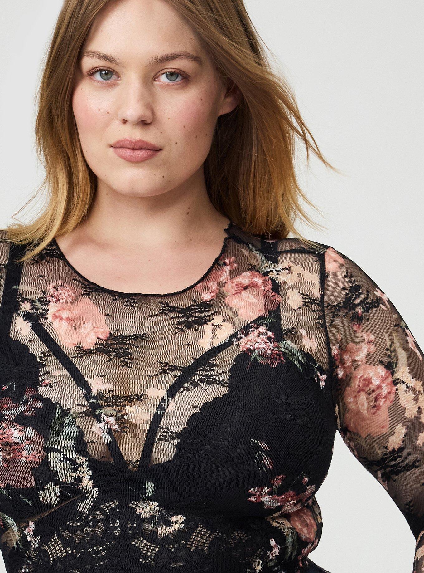 Plus Size - Sheer Lace Long Sleeve Crew Top - Torrid