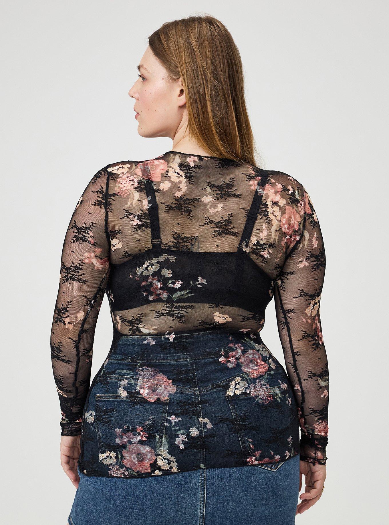 Plus Size Sheer Lace Long Sleeve Crew Top, FALL BOUQUET FLORAL MULTI, alternate