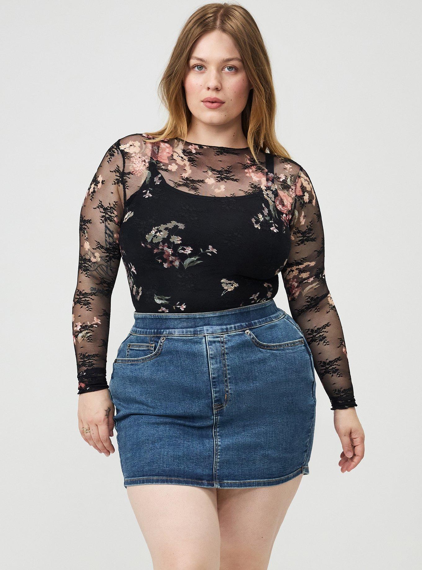 Plus Size Sheer Lace Long Sleeve Crew Top, FALL BOUQUET FLORAL MULTI, alternate