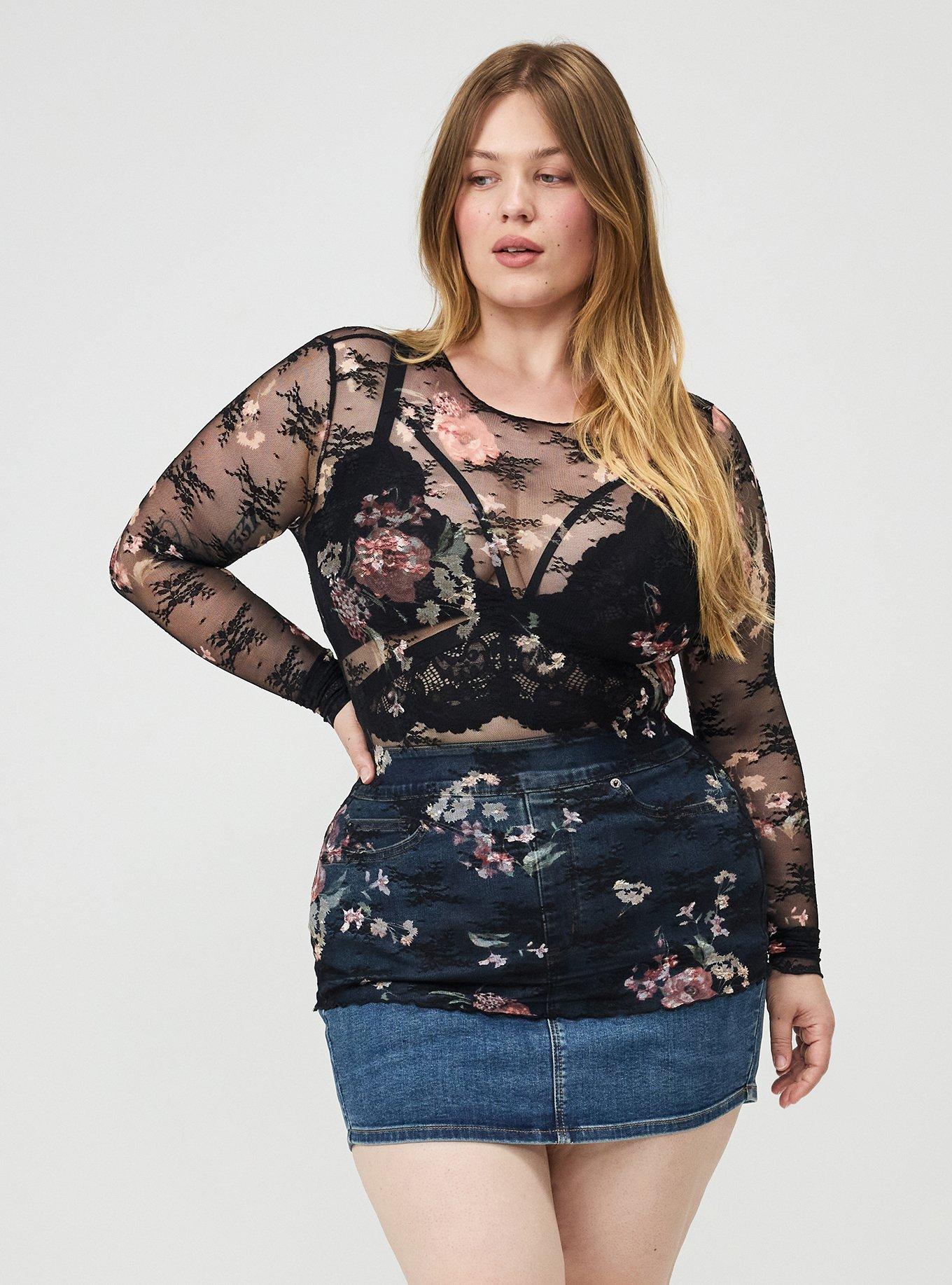 Plus Size Sheer Lace Long Sleeve Crew Top, FALL BOUQUET FLORAL MULTI, hi-res