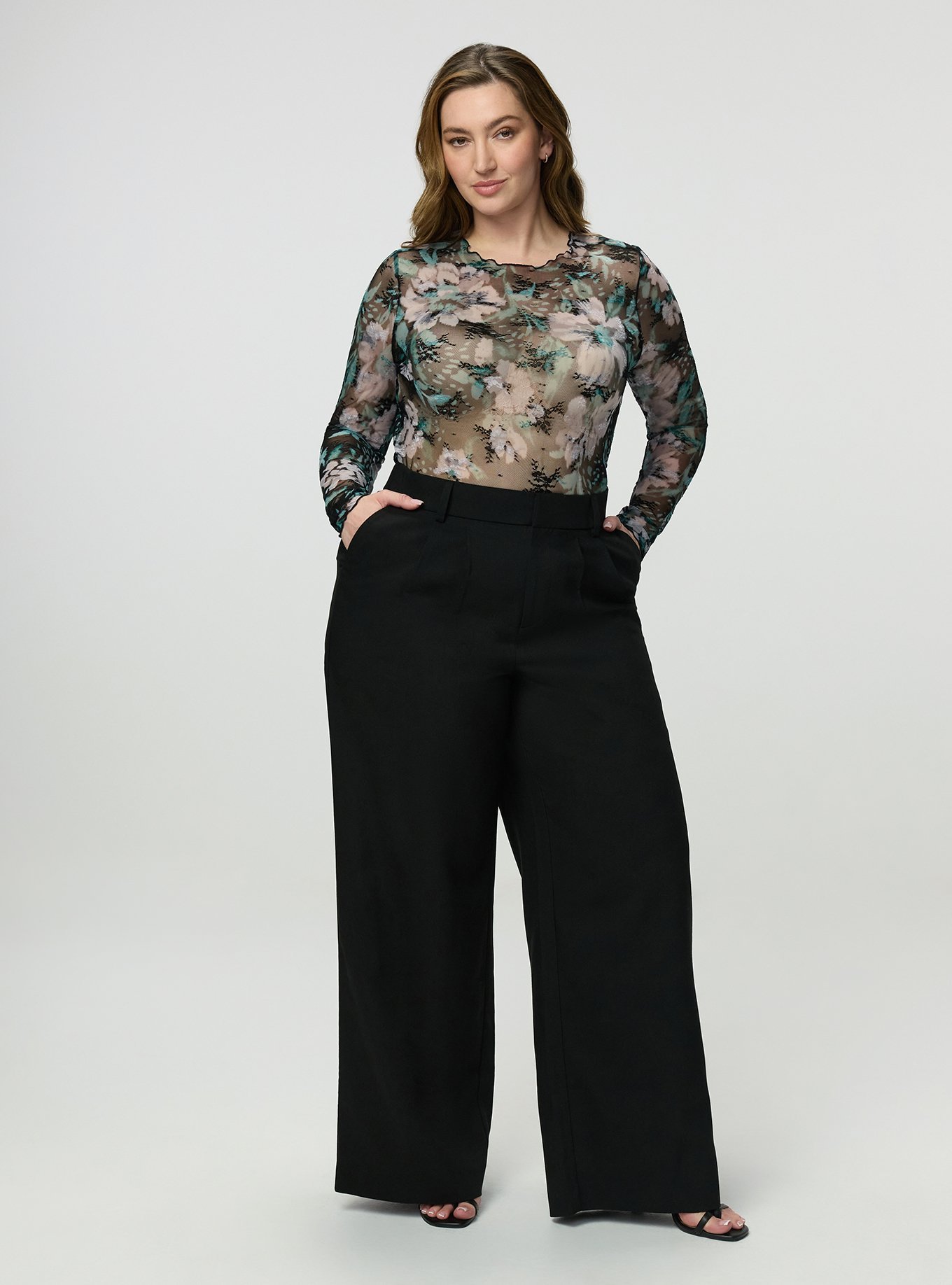 Sheer Lace Crew Long Sleeve Top, MY FLORAL NIGHT, alternate