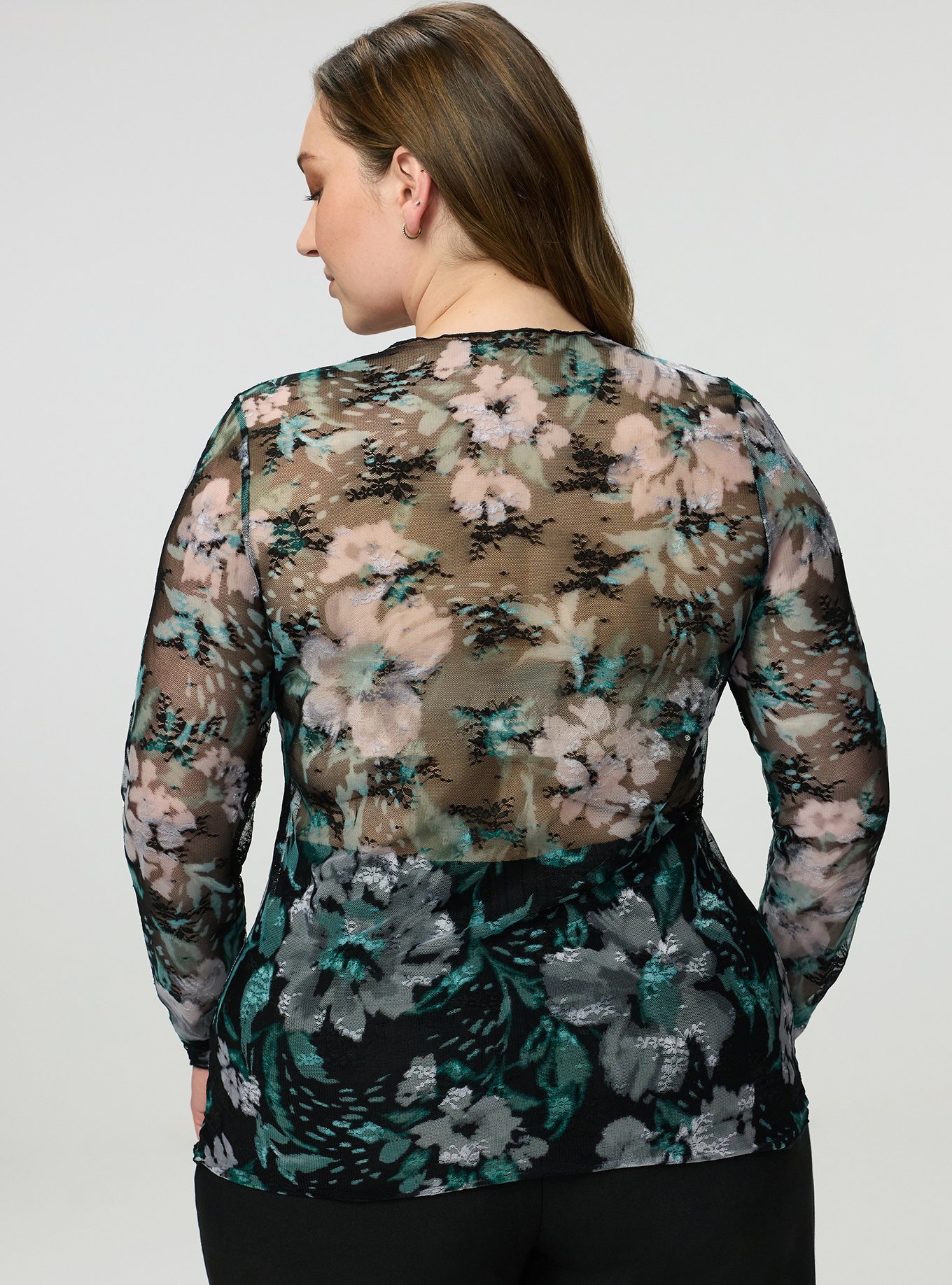Sheer Lace Crew Long Sleeve Top, MY FLORAL NIGHT, alternate