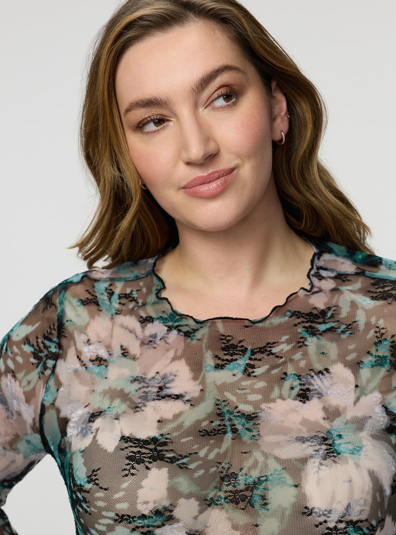Sheer Lace Crew Long Sleeve Top, MY FLORAL NIGHT, alternate