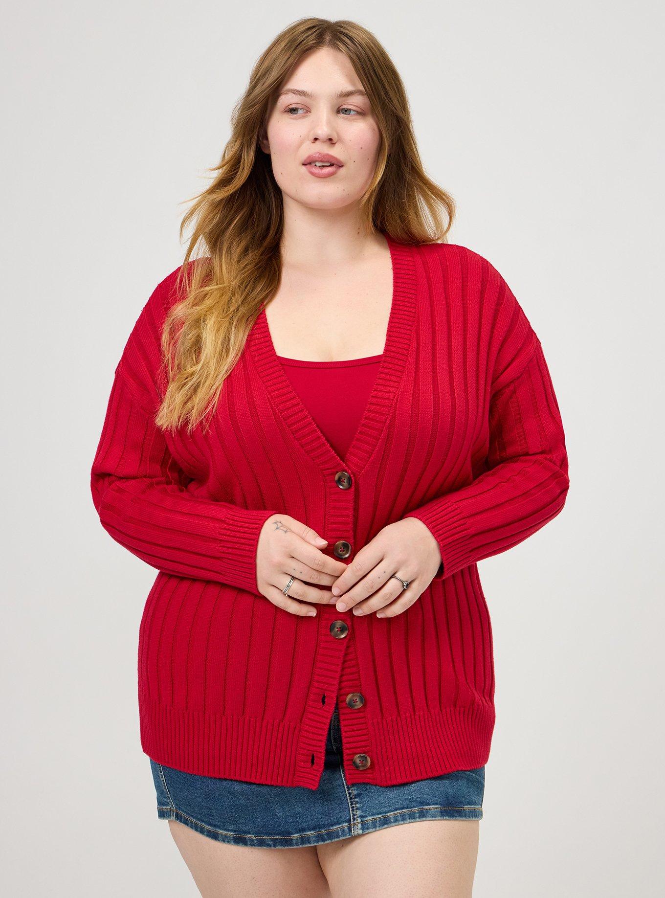 Plus Size Ribbed Cardigan, JESTER RED, hi-res
