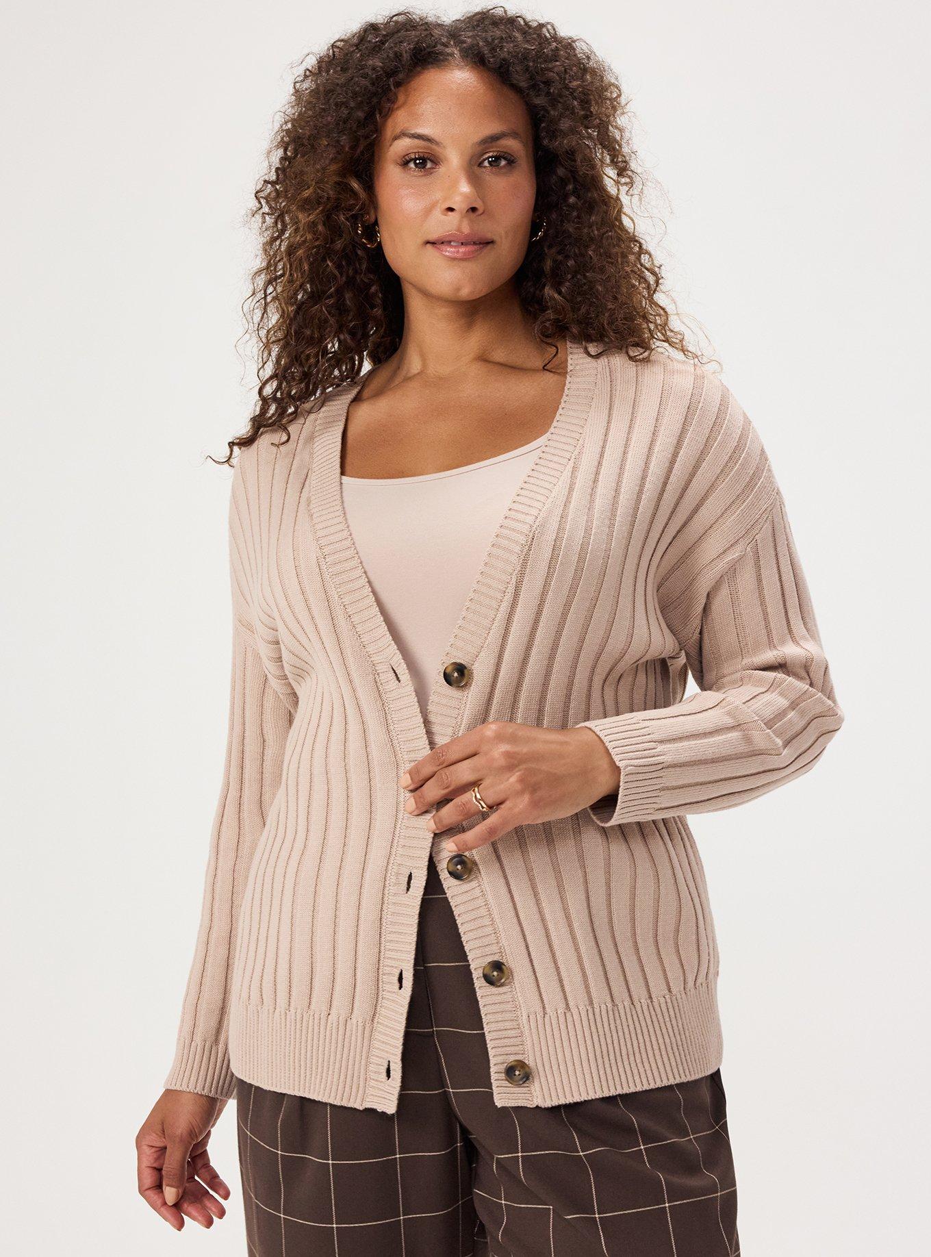 Plus Size Ribbed Cardigan, MUSHROOM, hi-res