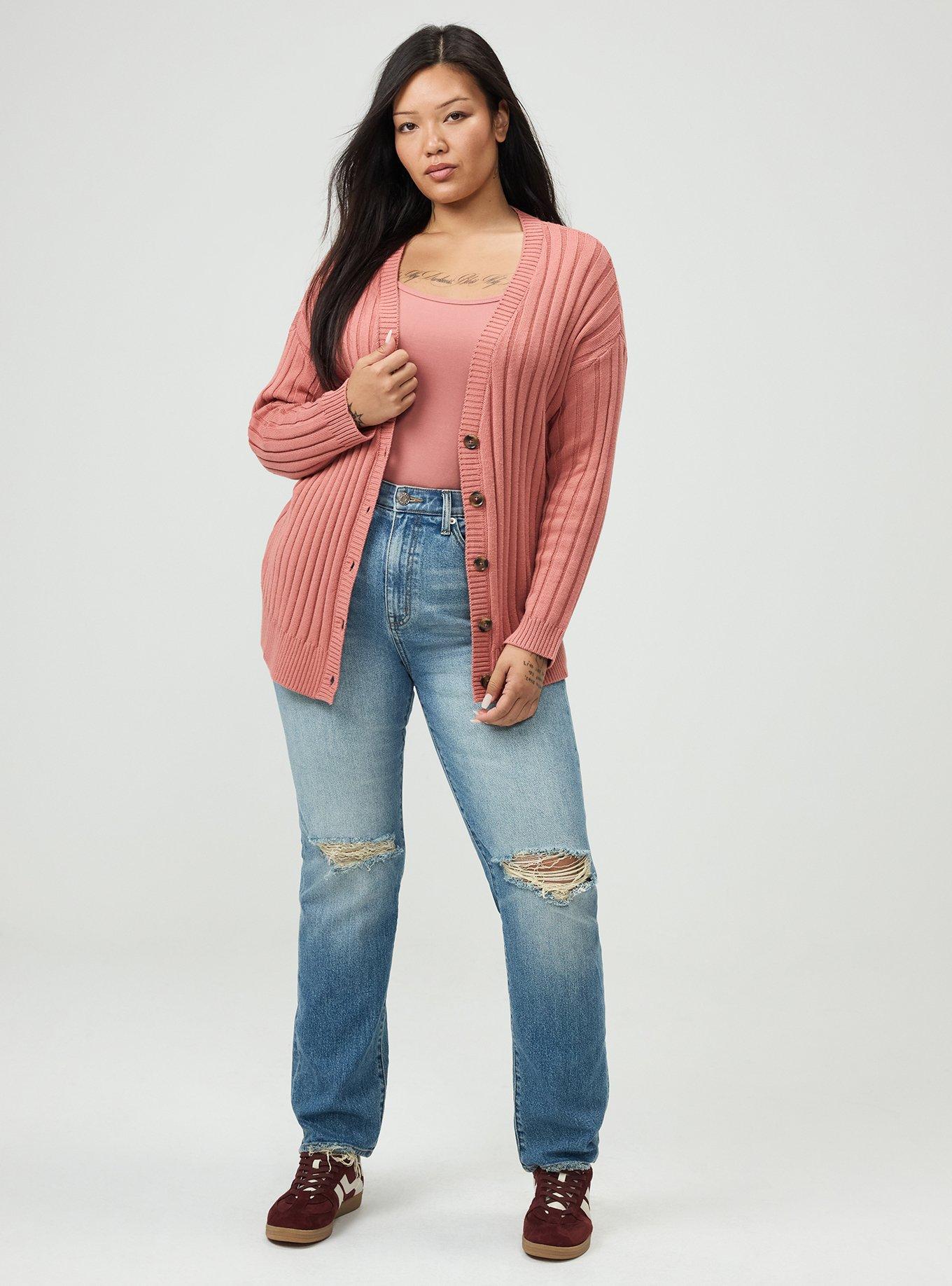 Plus Size Ribbed Cardigan, LIGHT MAHOGANY, alternate