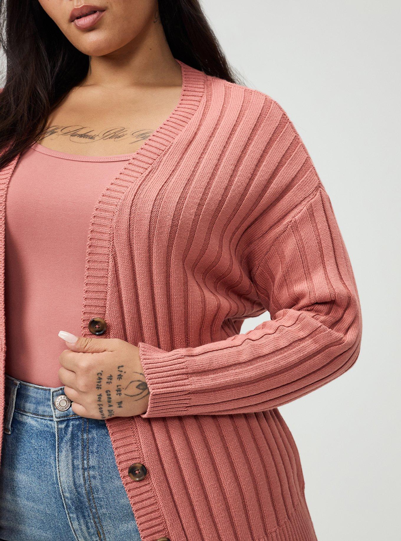 Plus Size Ribbed Cardigan, LIGHT MAHOGANY, alternate