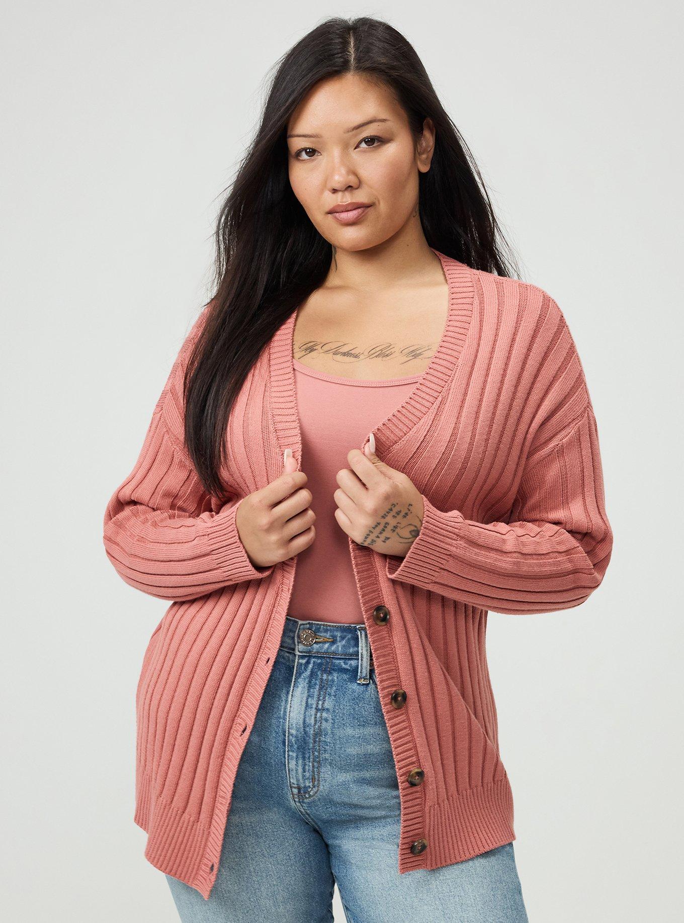 Plus Size Ribbed Cardigan, LIGHT MAHOGANY, hi-res
