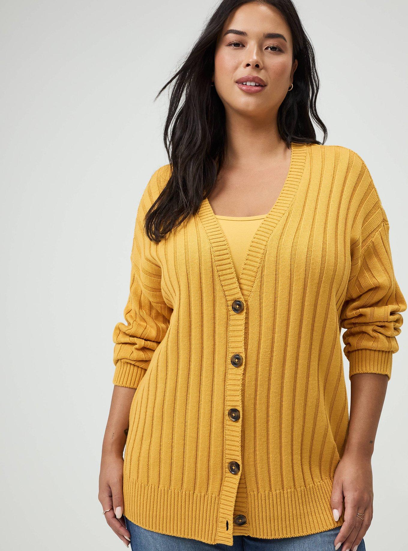 Plus Size Ribbed Cardigan, HONEY GOLD, hi-res
