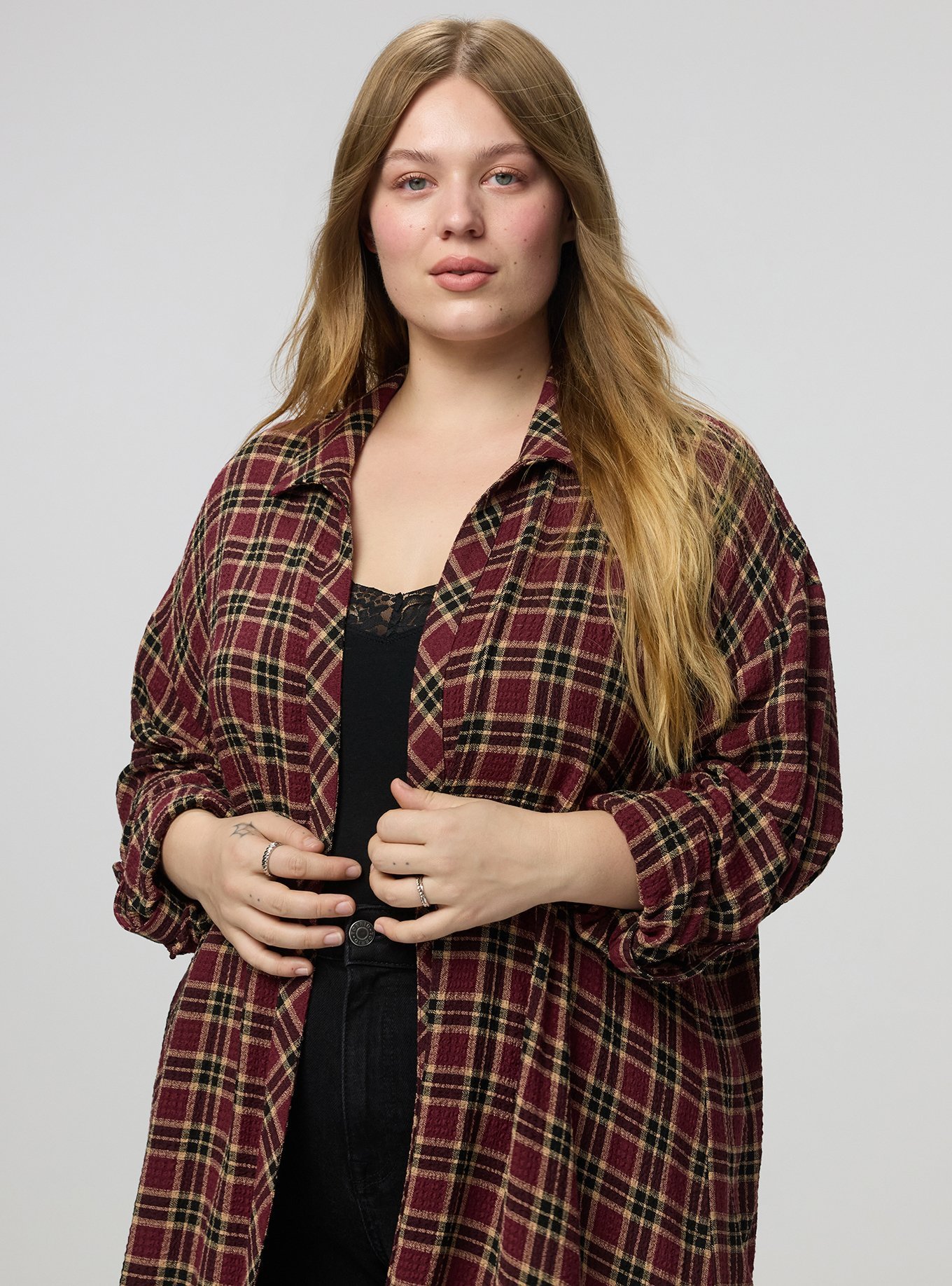 Oversized Shirt Kimono, SANDY PLAID BURGUNDY, alternate