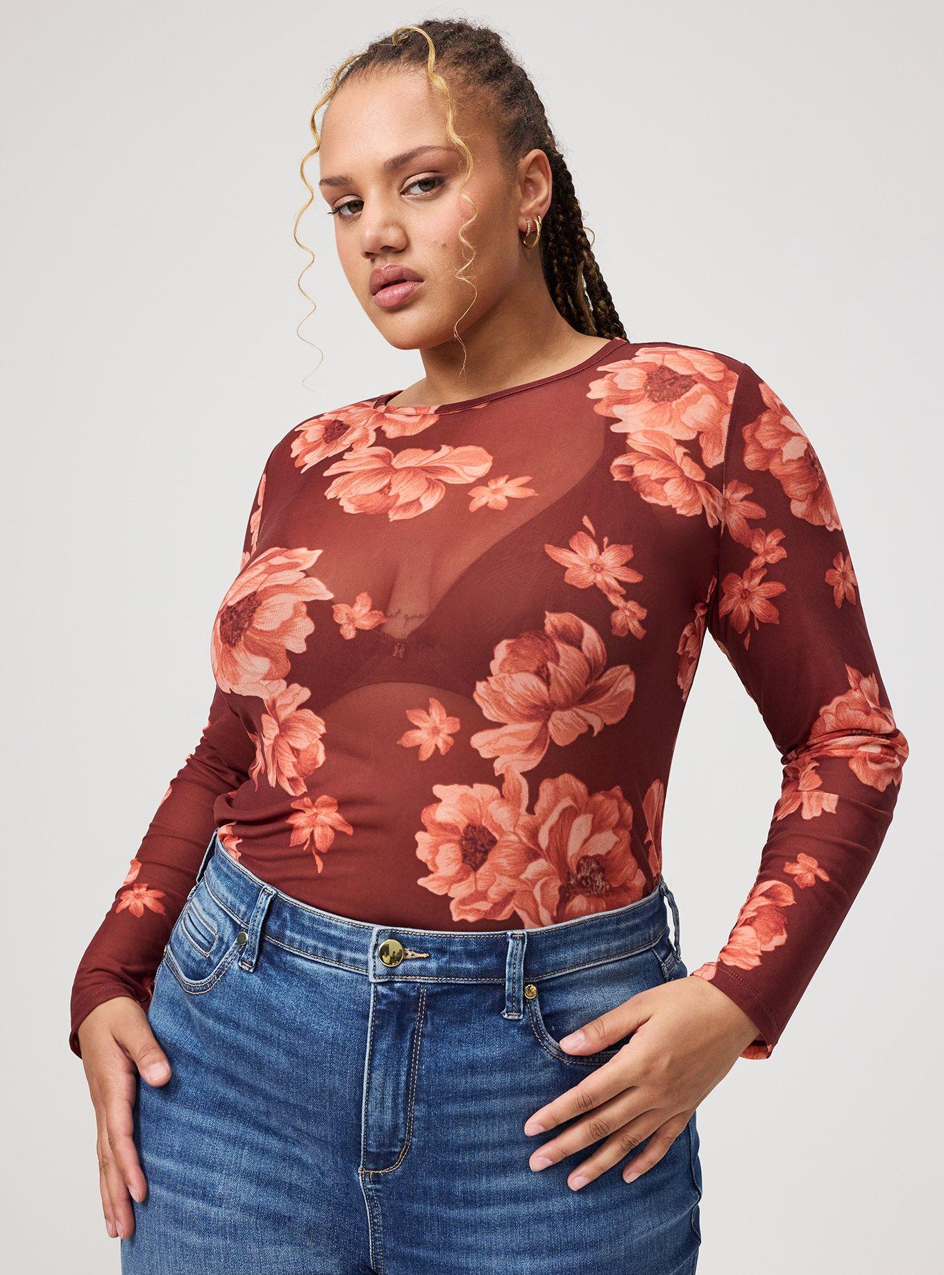 Mesh Crew Neck Long Sleeve Top, LILY FLORAL RED, alternate