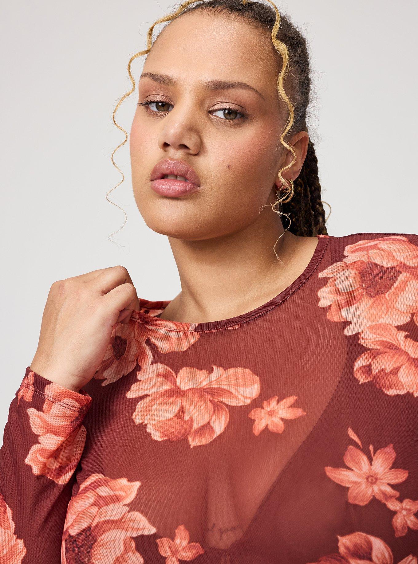 Mesh Crew Neck Long Sleeve Top, LILY FLORAL RED, alternate