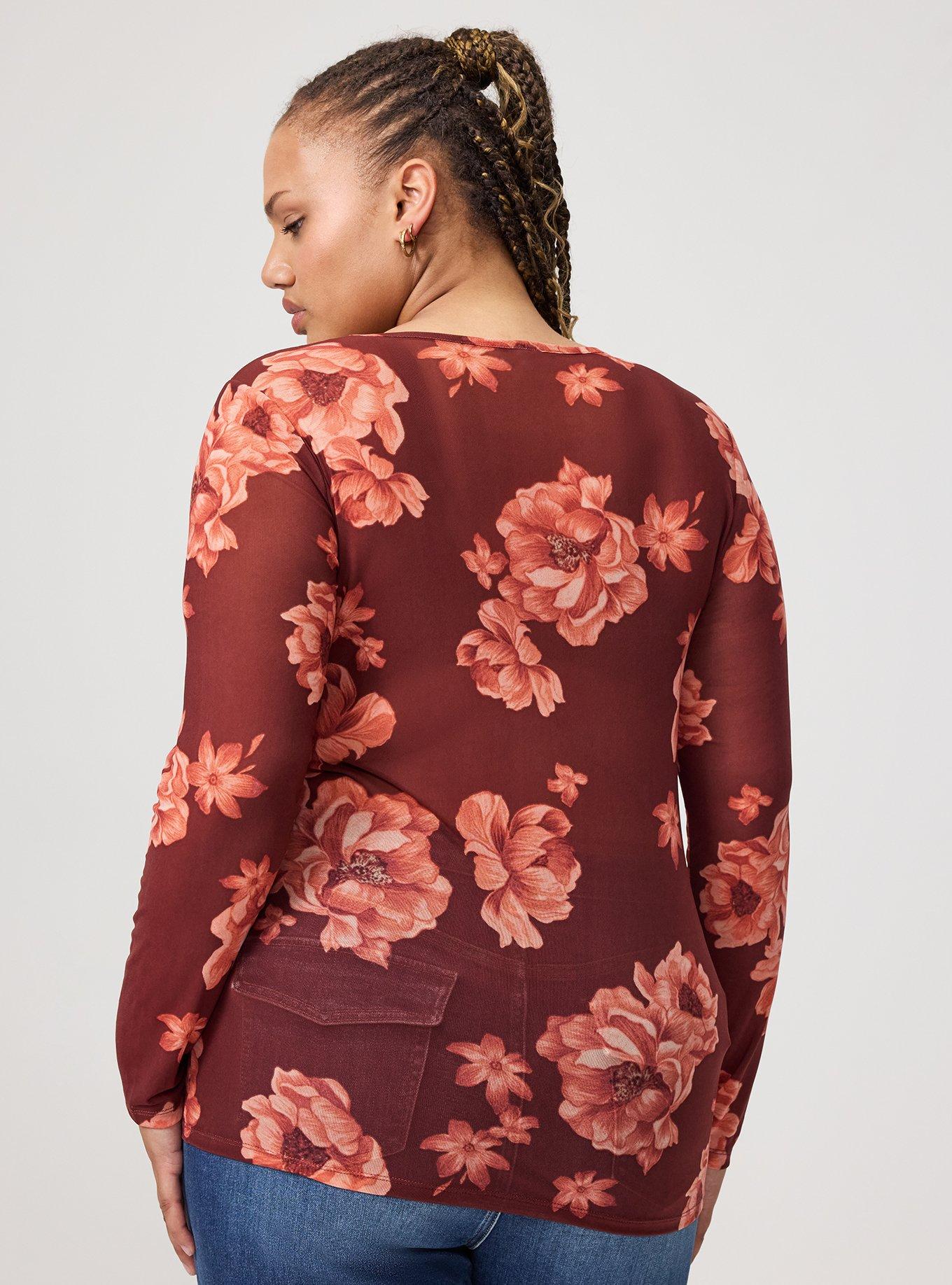 Mesh Crew Neck Long Sleeve Top, LILY FLORAL RED, alternate