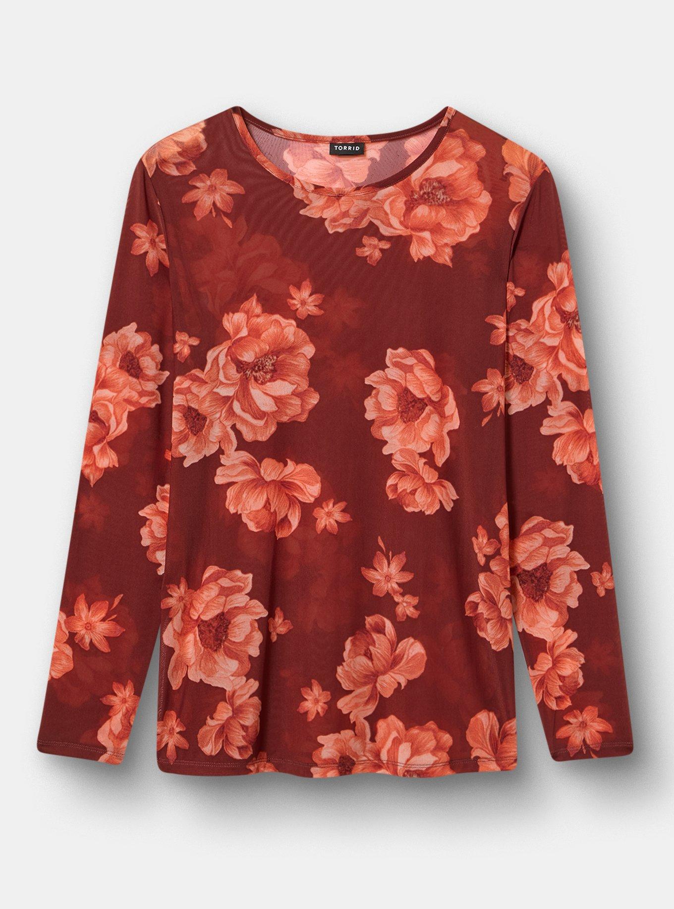 Mesh Crew Neck Long Sleeve Top, LILY FLORAL RED, flat