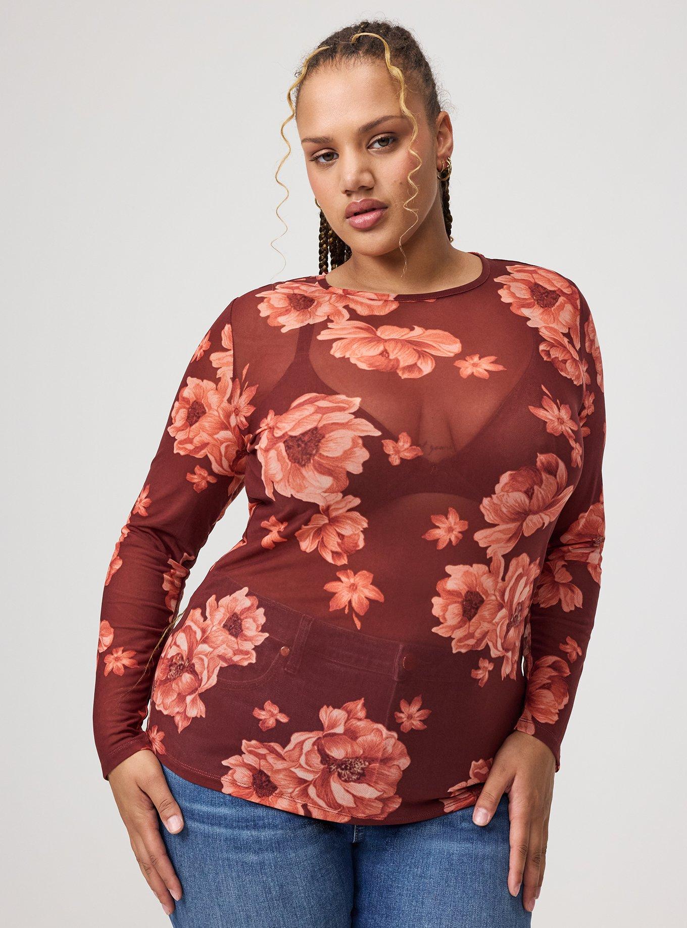 Mesh Crew Neck Long Sleeve Top, LILY FLORAL RED, hi-res