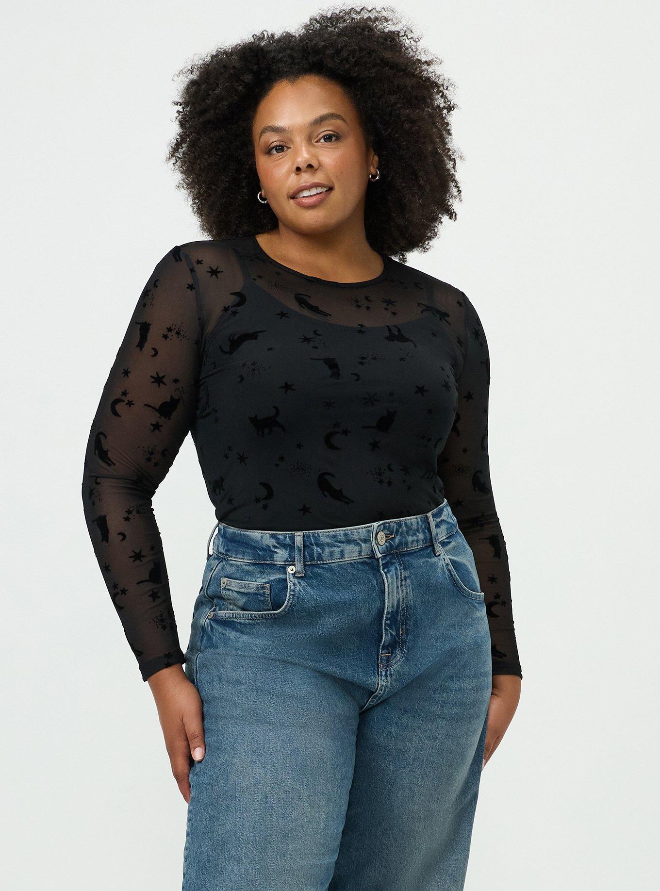 Mesh Crew Long Sleeve Top, STARLIGHT CATS BLACK, alternate