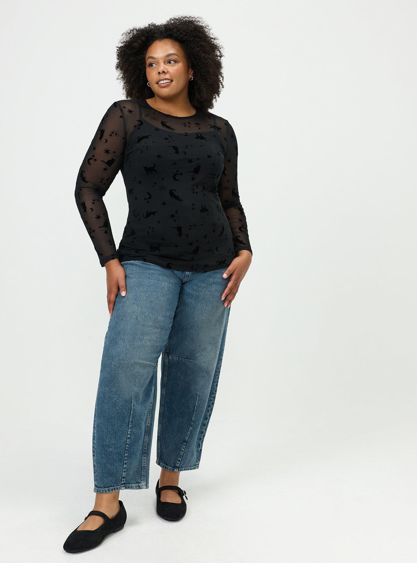 Mesh Crew Long Sleeve Top, STARLIGHT CATS BLACK, alternate