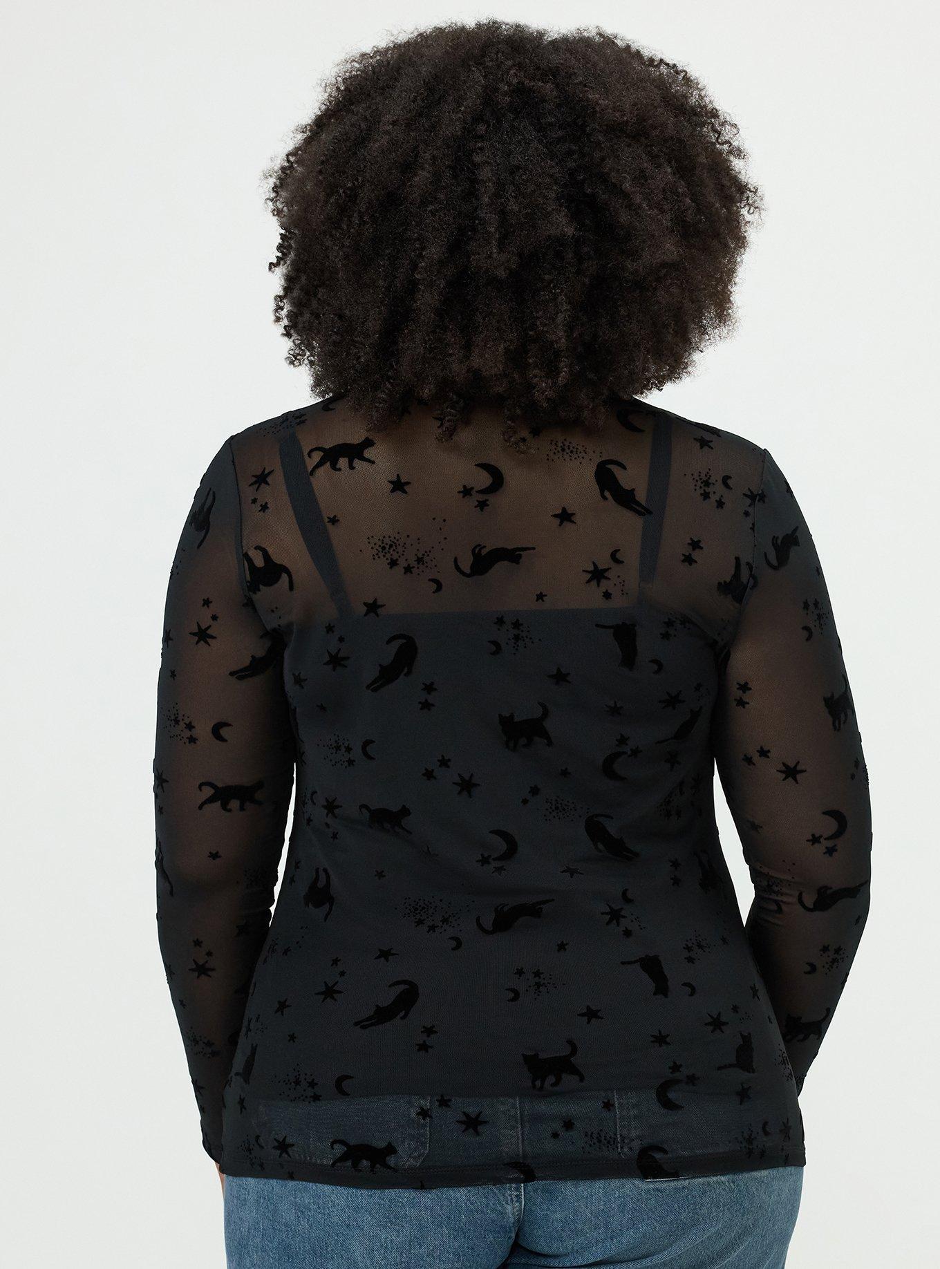 Mesh Crew Long Sleeve Top, STARLIGHT CATS BLACK, alternate