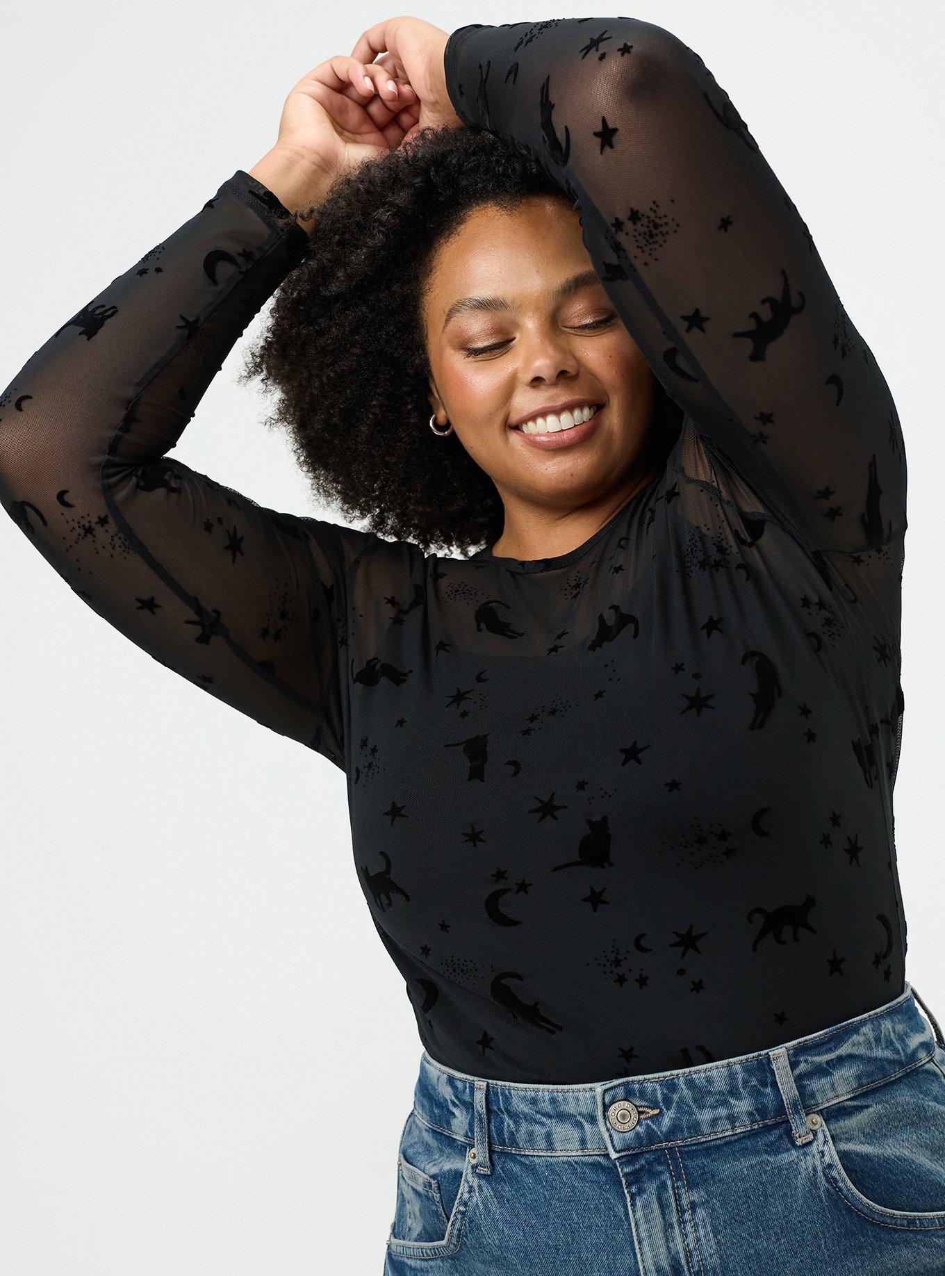 Mesh Crew Long Sleeve Top, STARLIGHT CATS BLACK, alternate