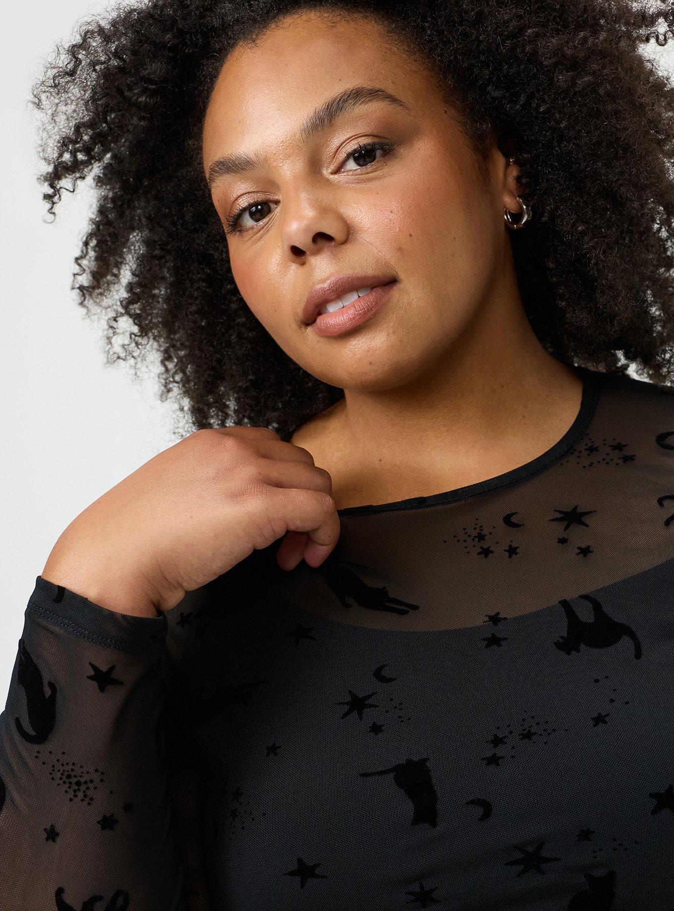 Mesh Crew Long Sleeve Top, STARLIGHT CATS BLACK, alternate