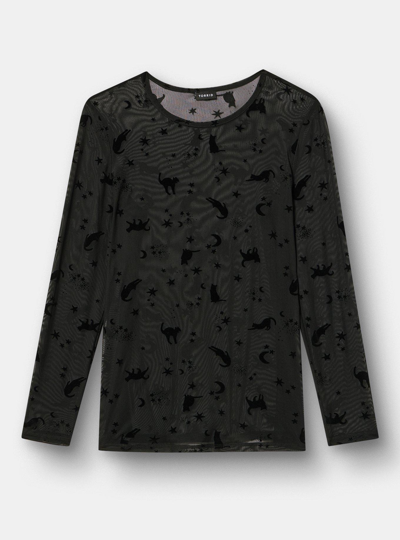 Mesh Crew Long Sleeve Top, STARLIGHT CATS BLACK, hi-res