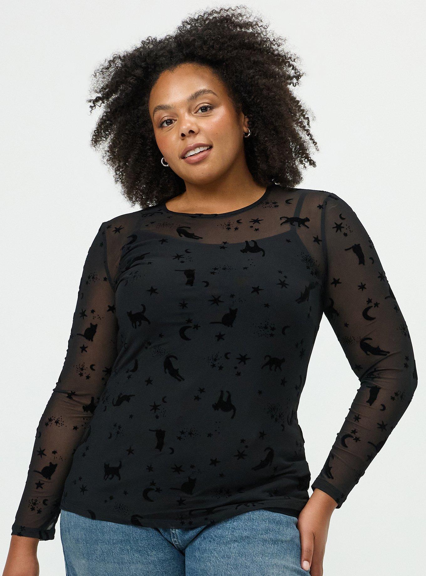 Mesh Crew Long Sleeve Top, STARLIGHT CATS BLACK, hi-res