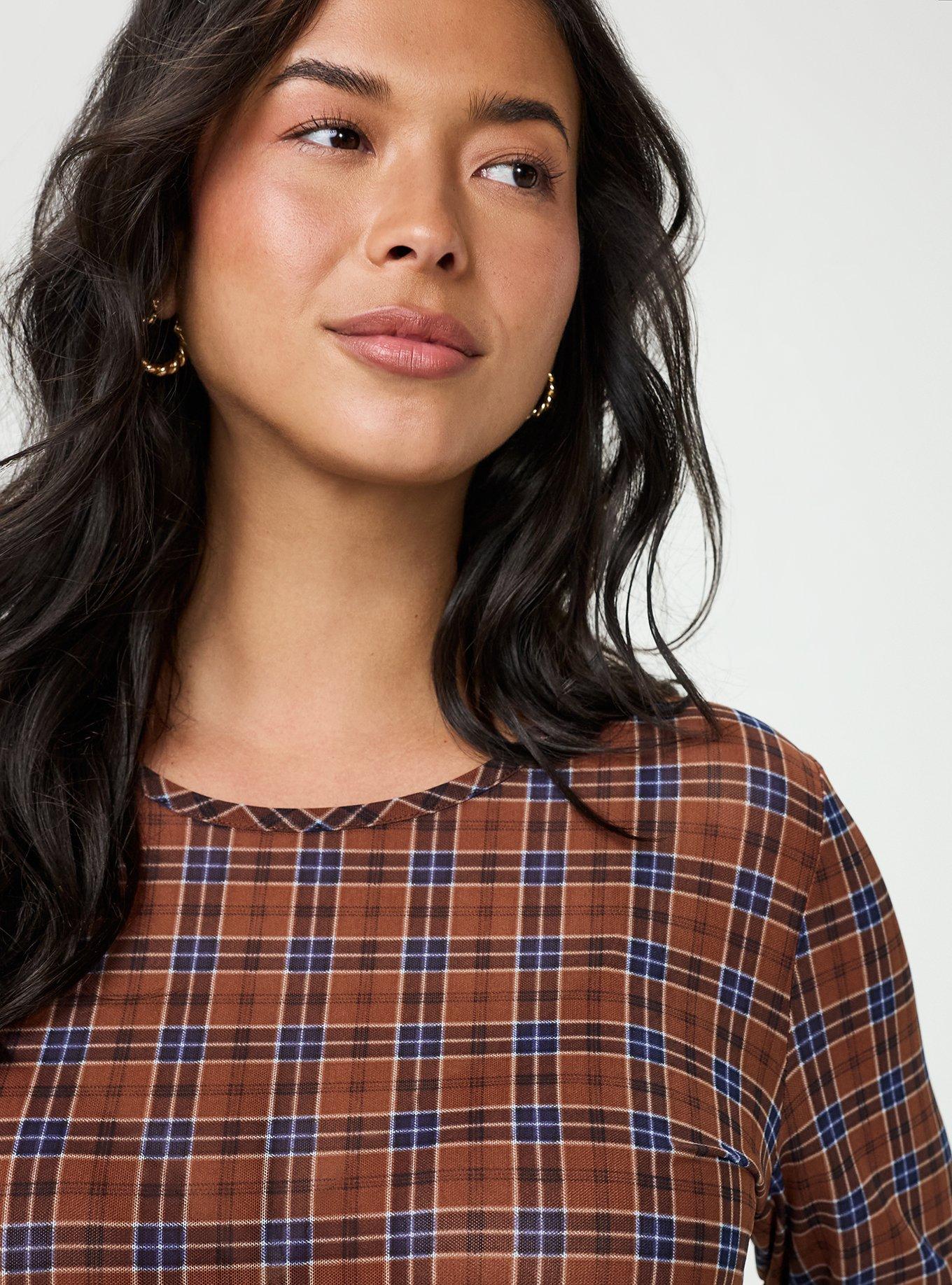 Mesh Crew Long Sleeve Top, STORY PLAID BROWN, alternate