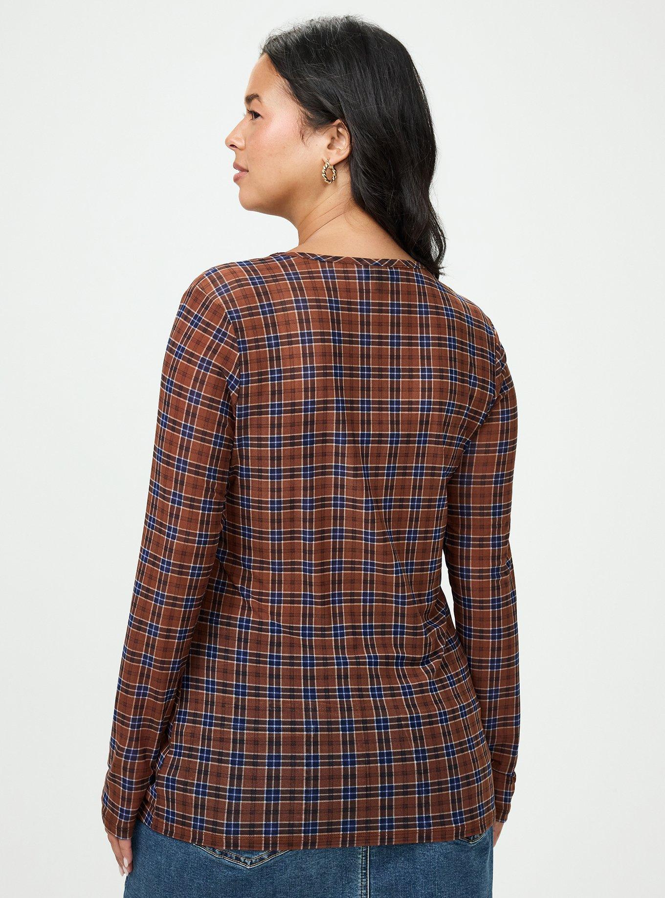 Mesh Crew Long Sleeve Top, STORY PLAID BROWN, alternate