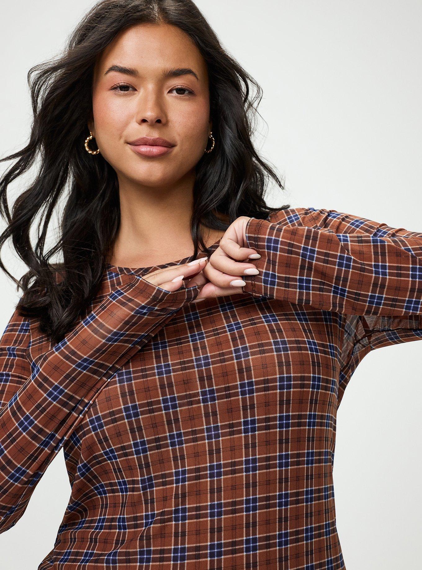 Mesh Crew Long Sleeve Top, STORY PLAID BROWN, alternate
