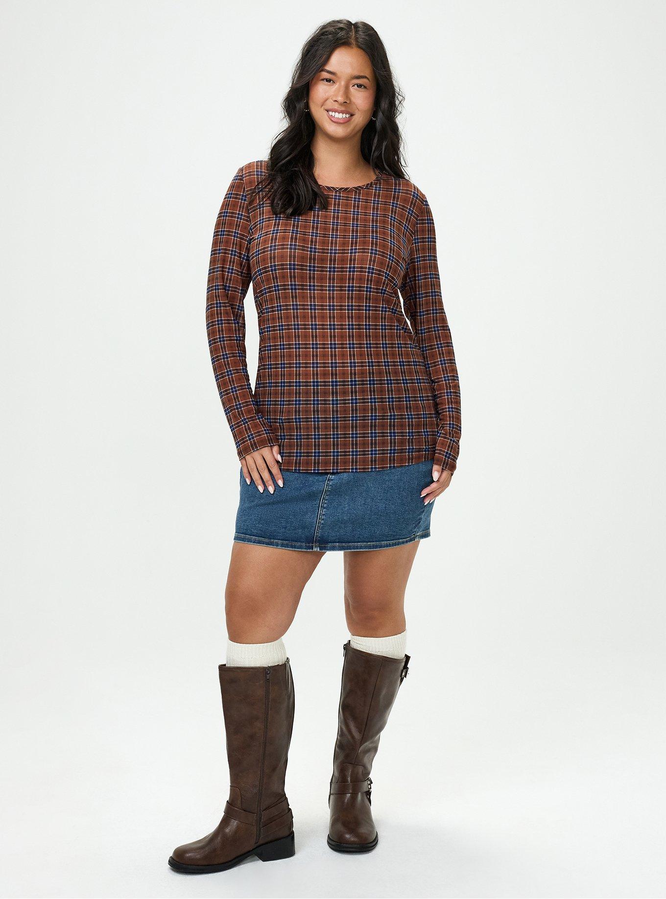 Mesh Crew Long Sleeve Top, STORY PLAID BROWN, alternate